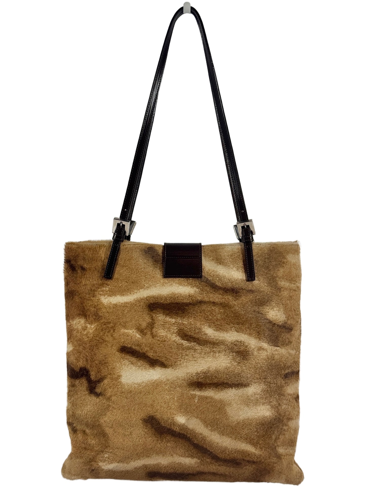 Fendi Vintage Beige Brown Giraffe Print Pony Hair Shoulder Baguette Tote Bag