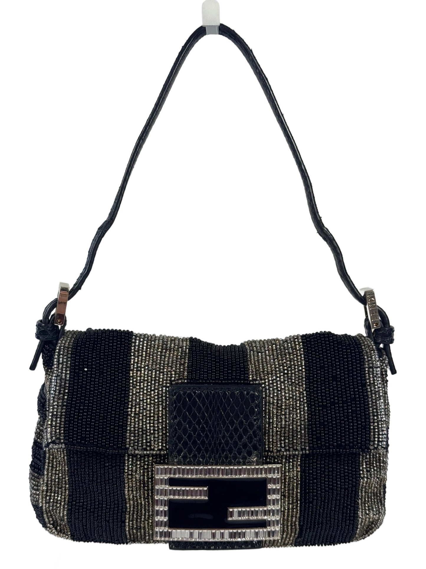 Fendi Vintage Black & Silver Metallic Striped Beaded Crystal Embellished Logo Mini Baguette w Snakeskin Trim