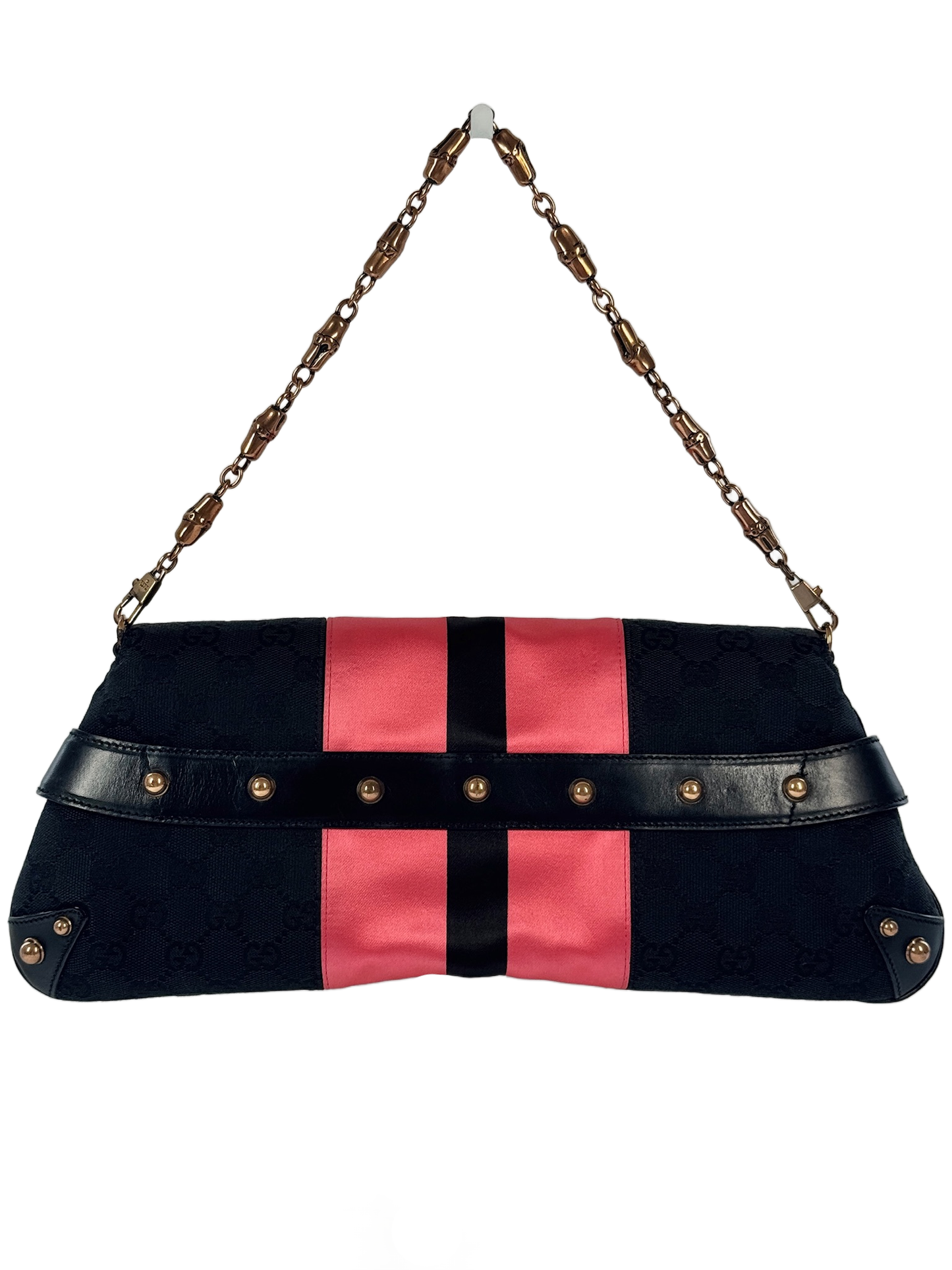 Gucci Vintage Black GG Monogram Gold Horsebit Pink Satin Striped Bamboo Chain Large Shoulder Clutch Bag
