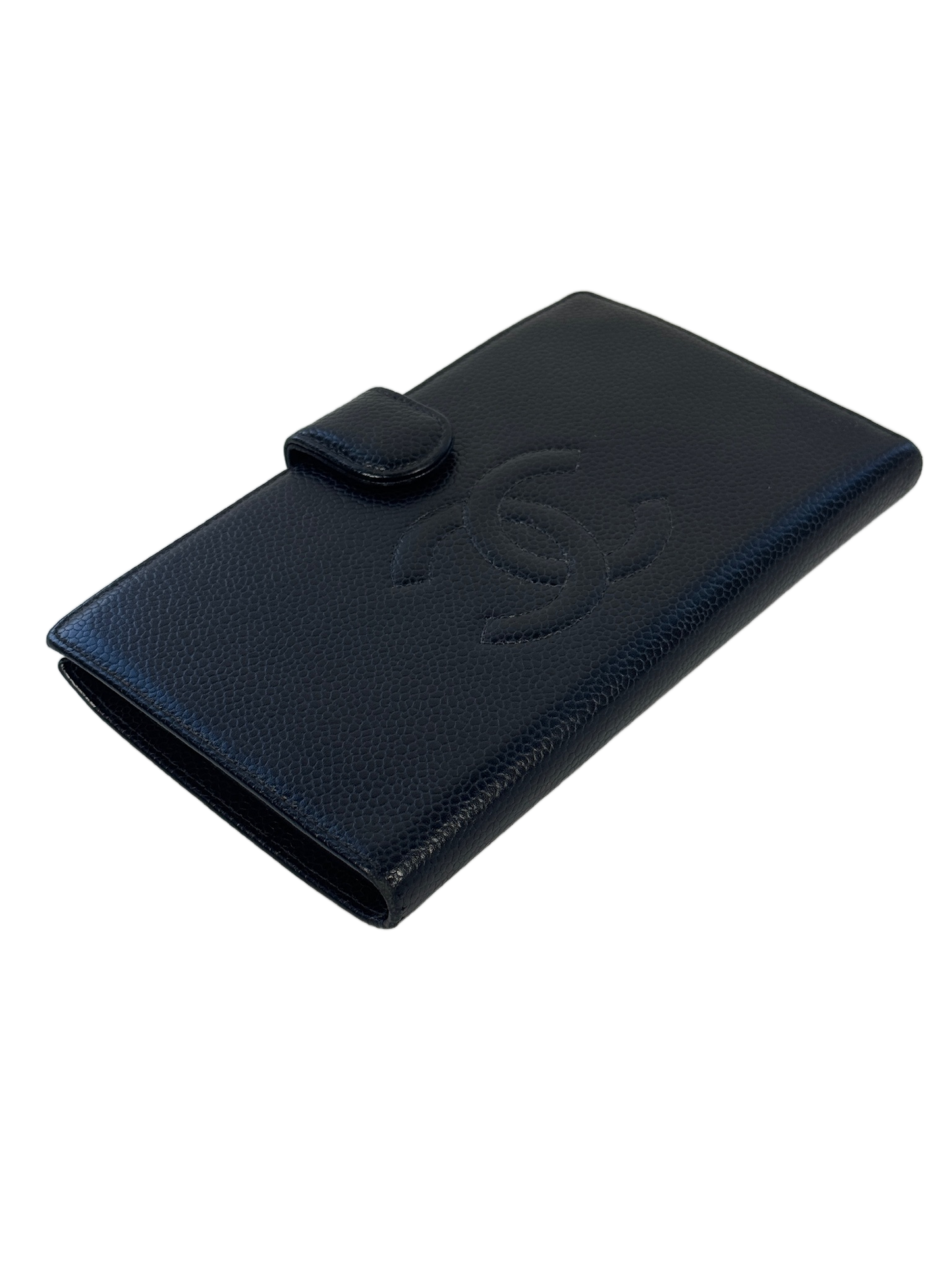 Chanel Vintage Black Caviar CC Logo Long Snap Bifold Wallet
