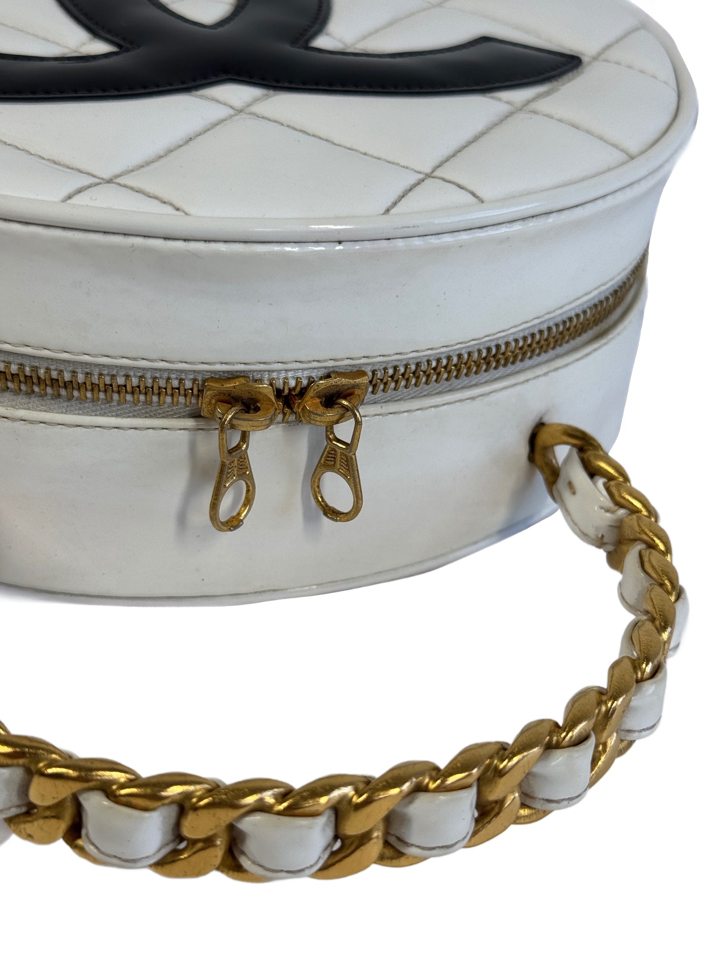 Chanel Vintage Spring 1995 Quilted White & Black Patent Leather CC Round Vanity Bag