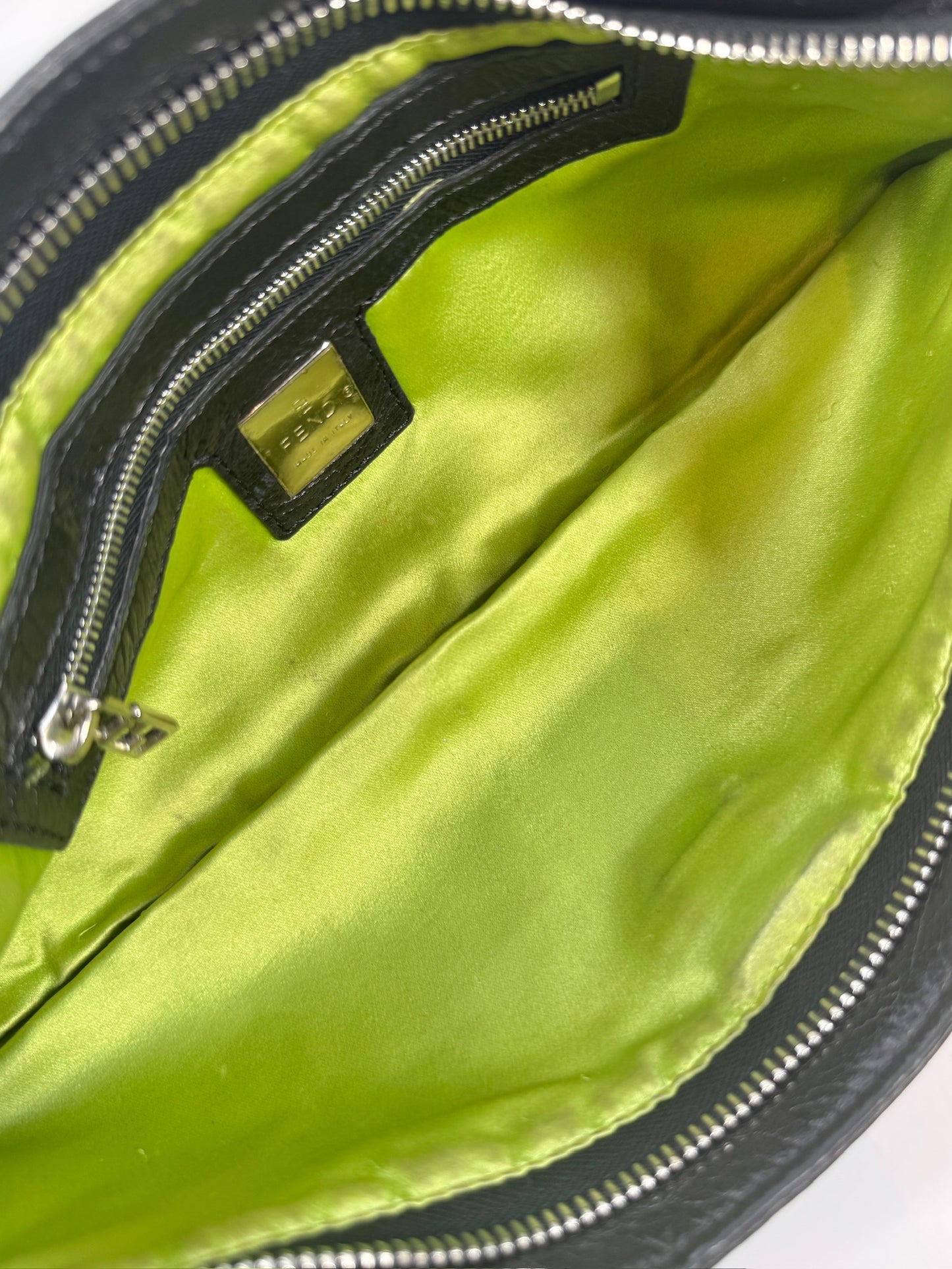 Fendi Vintage Black Lambskin Leather Green Logo Shoulder Baguette Bag