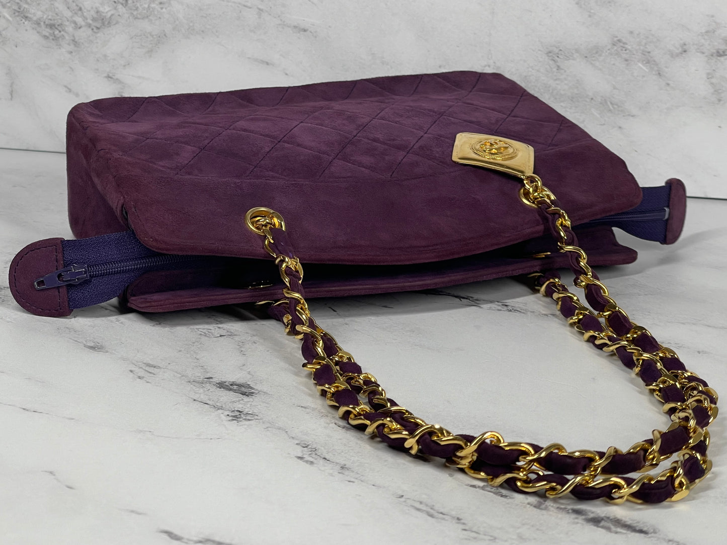 Chanel Vintage 1 Series Eggplant Purple Suede Chain Shoulder Bag w 24K GPHW