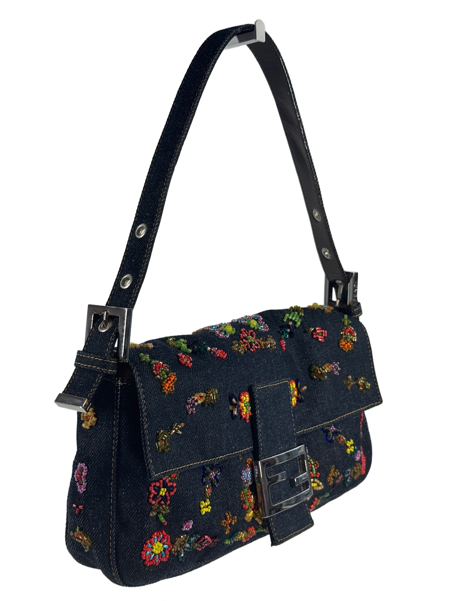 Fendi Vintage Blue Denim Floral Embroidered Beaded Shoulder Baguette Bag