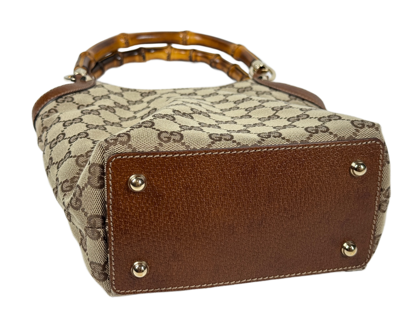 Gucci Vintage Brown GG Monogram Canvas Brown Leather Trim Bamboo Top Handle Bucket Bag