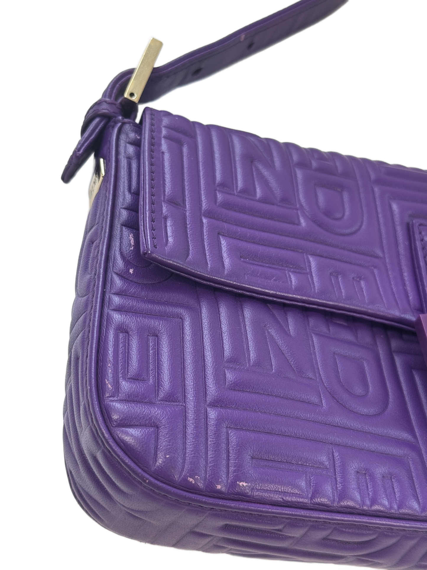 Fendi Purple Nappa Embossed Logo Leather Shoulder Baguette Bag