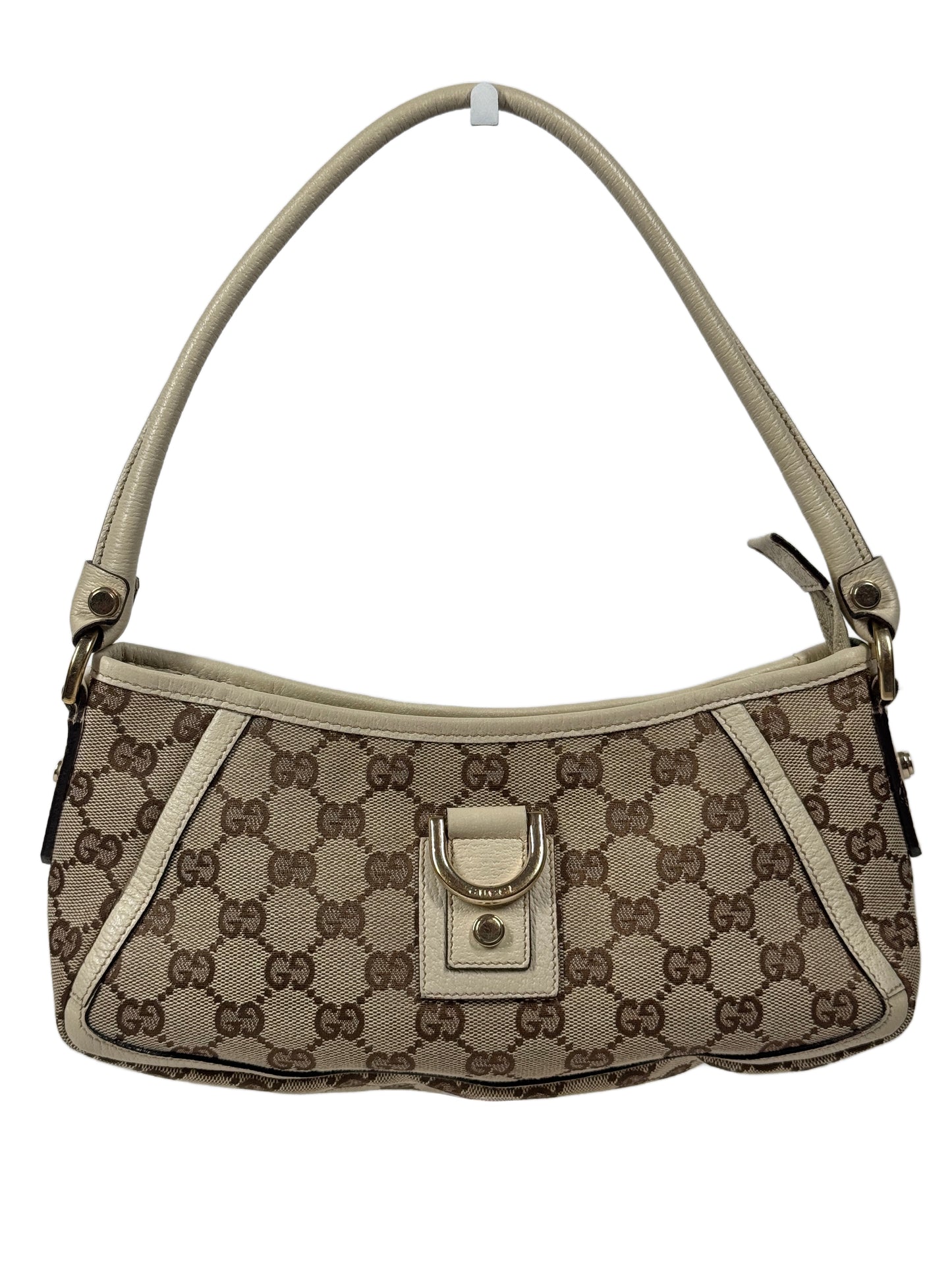 Gucci Vintage Brown GG Monogram Canvas w Ivory Leather Trim Abbey Pochette Shoulder Bag