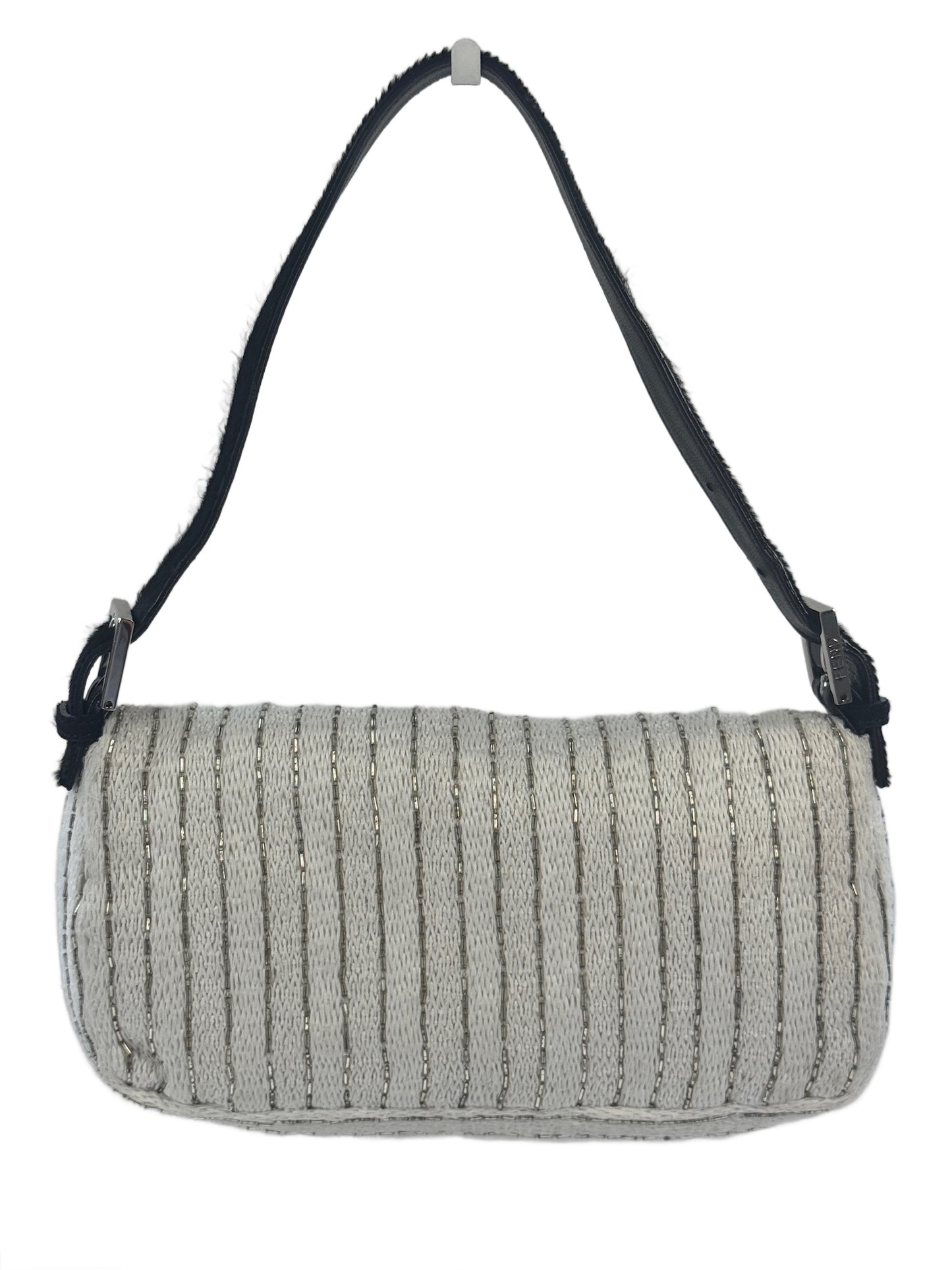 Fendi Vintage White Knit Silver Beaded Striped Baguette w Black Pony Hair Trim