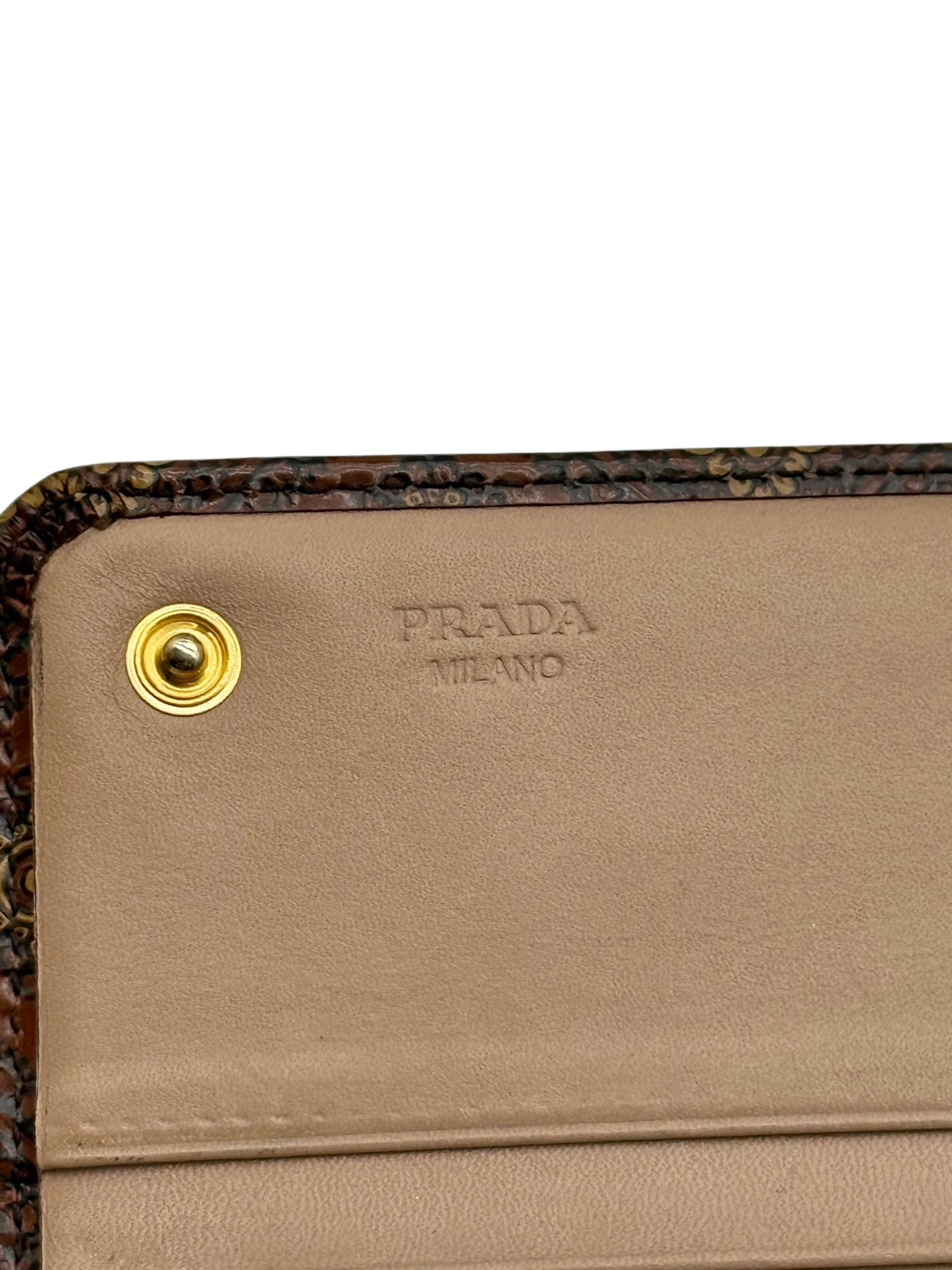 Prada Vintage Brown Leather Floral Pattern Long Snap Wallet