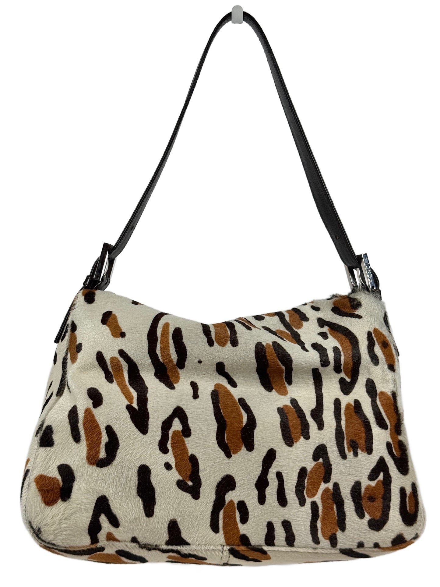 Fendi Vintage White & Brown Leopard Print Pony Hair Mamma Baguette Shoulder Bag