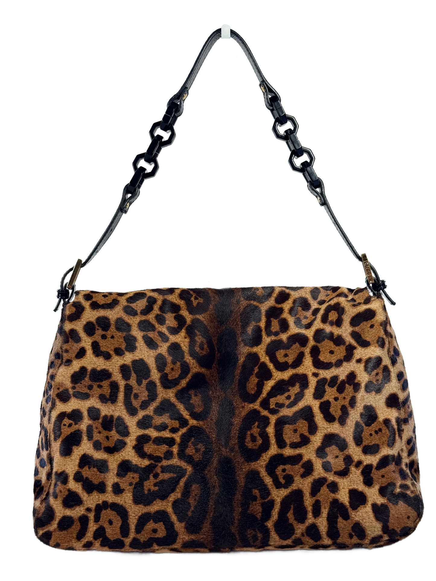 Fendi Vintage Brown Leopard Print Pony Hair w Black Patent Leather Trim XL Jumbo Mamma Baguette Shoulder Bag