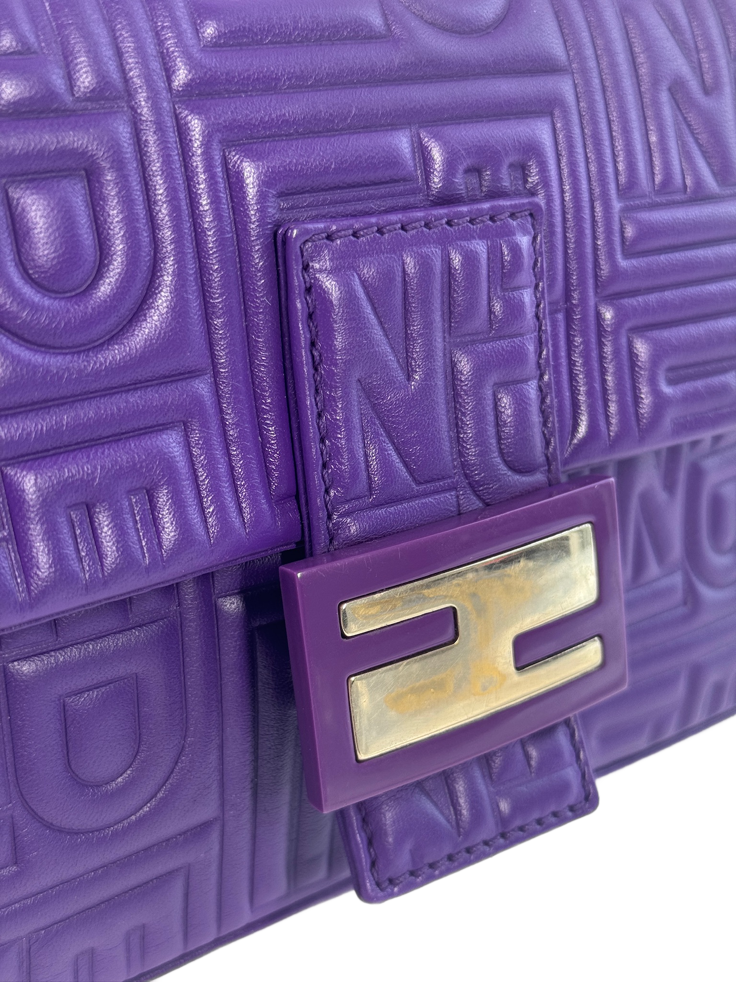 Fendi Purple Nappa Embossed Logo Leather Shoulder Baguette Bag