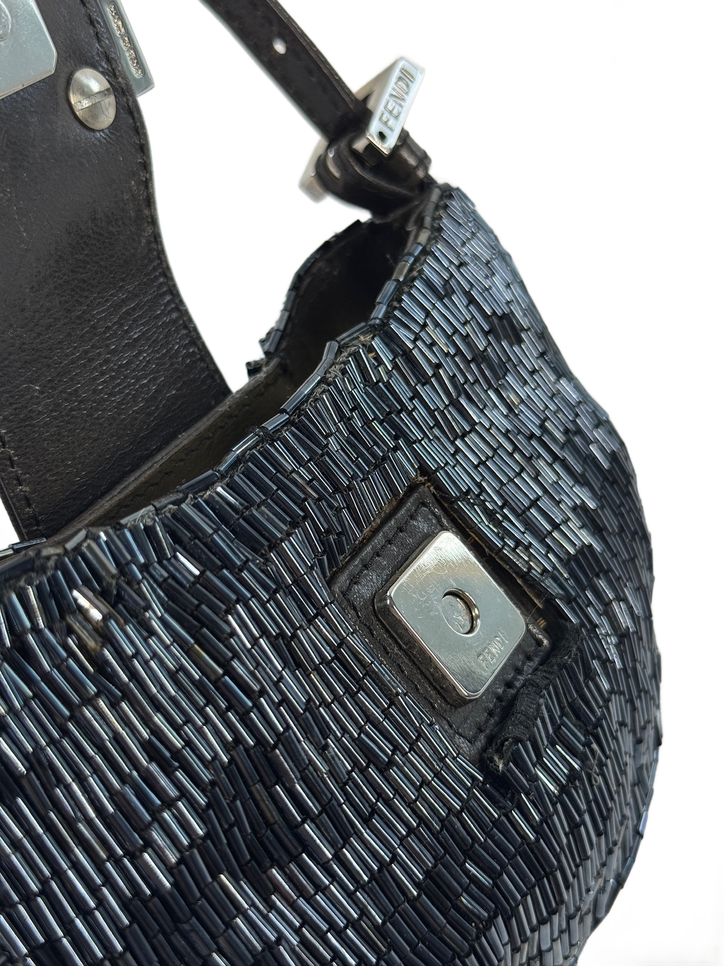 Fendi Vintage Iridescent Black Beaded Mini Croissant Baguette Bag