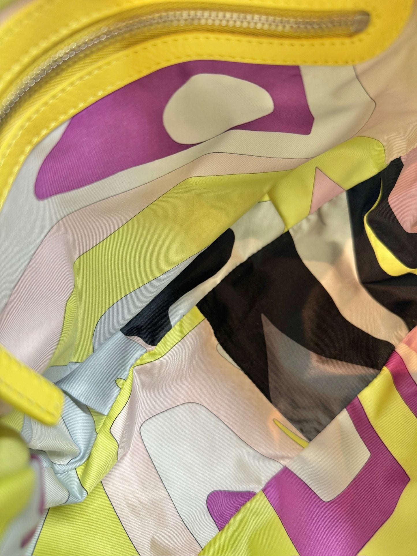 Emilio Pucci Yellow Leather Drawstring Tassel Silk Pattern Bag