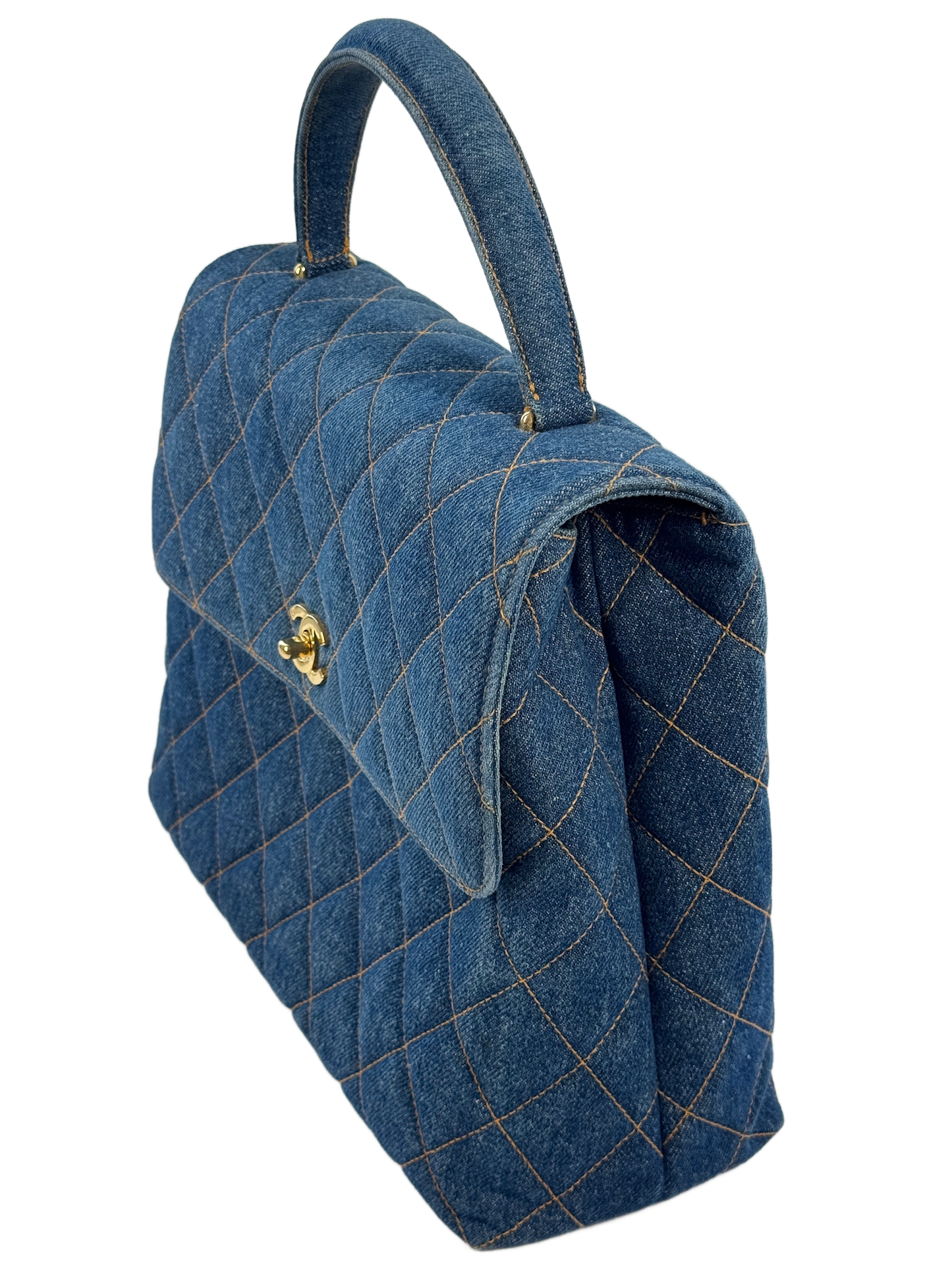 Chanel Vintage 1997 Blue Quilted Denim Medium Classic Kelly Top Handle Flap Bag w 24K Gold Plated Hardware
