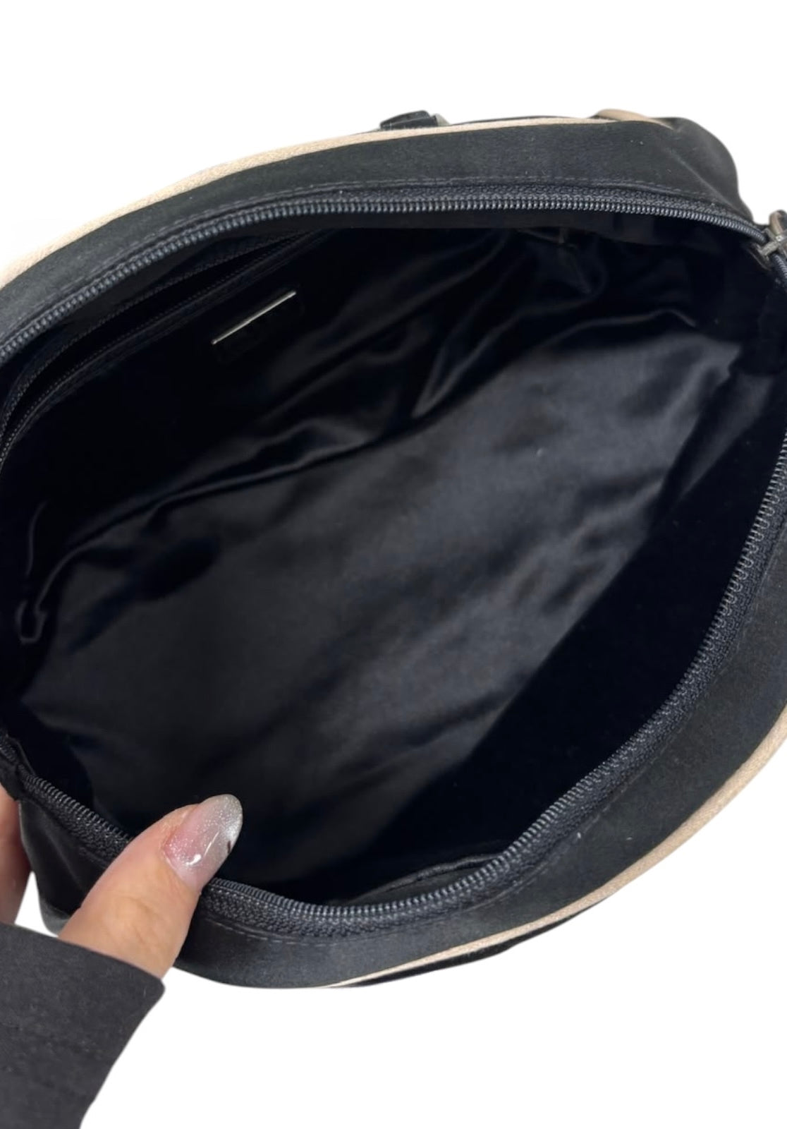 Prada Vintage Black Satin White Trim Mini Bowler Shoulder Pochette Bag