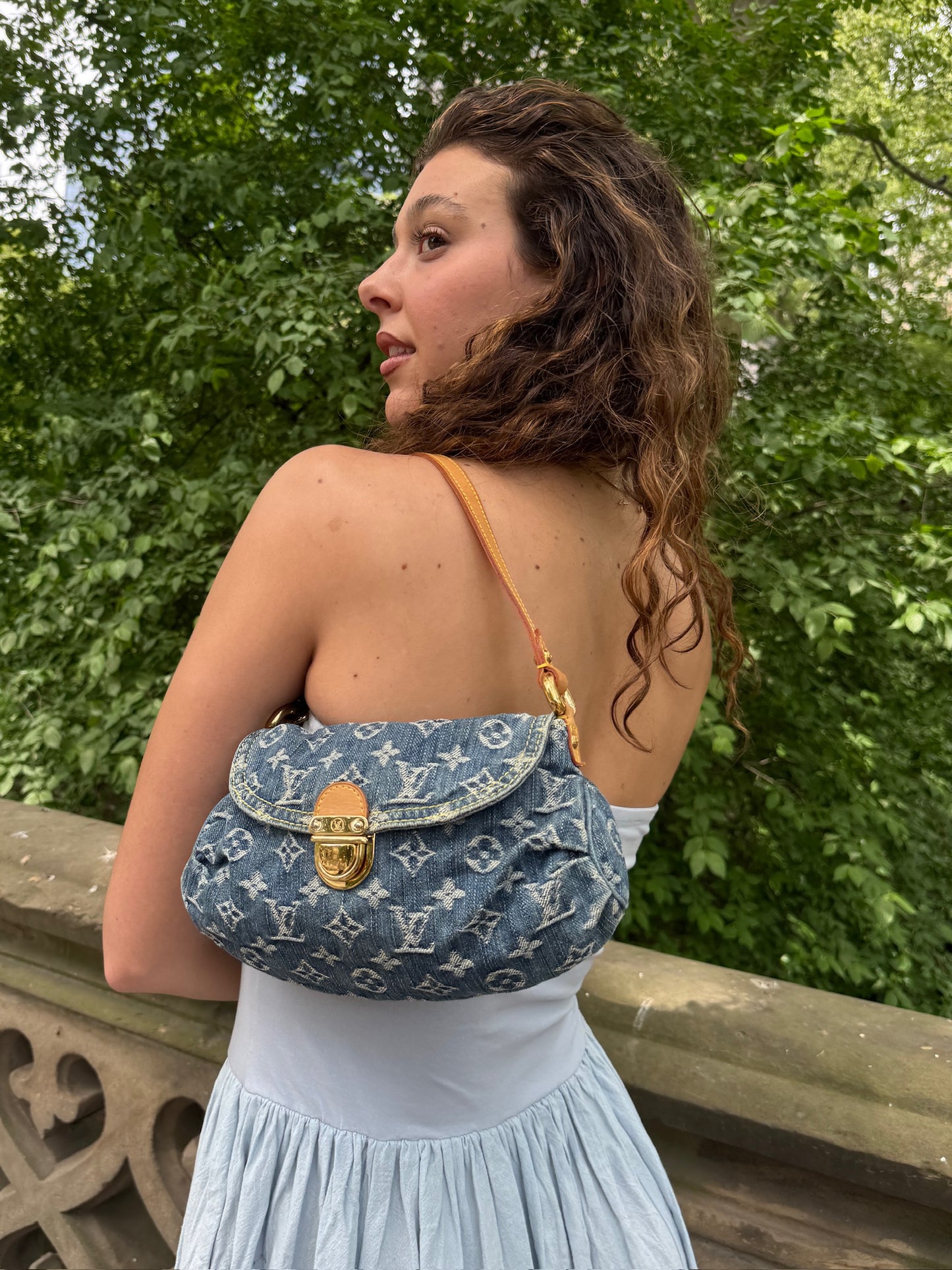 Louis Vuitton Vintage 2006 Blue Denim Monogram Mini Pleaty Pochette Shoulder Bag