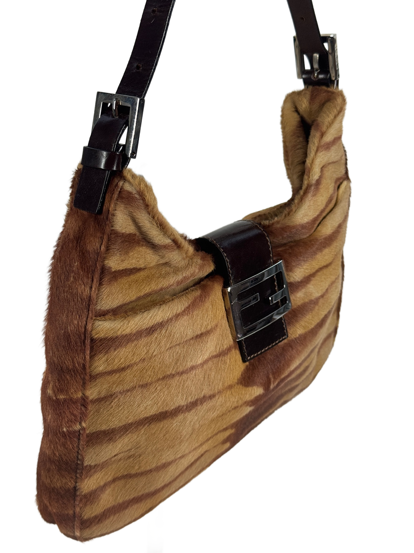 Fendi Vintage Brown Giraffe Print Pony Hair Shoulder Hobo Baguette Bag