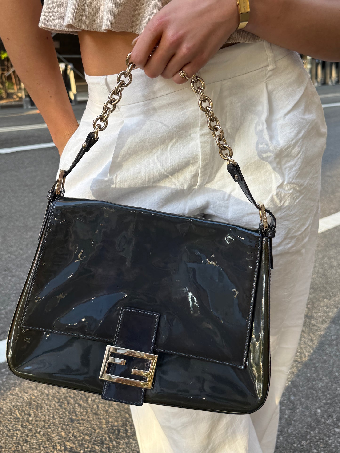 Fendi Navy Blue Patent Leather Forever Mama Baguette Chain Strap Shoulder Bag
