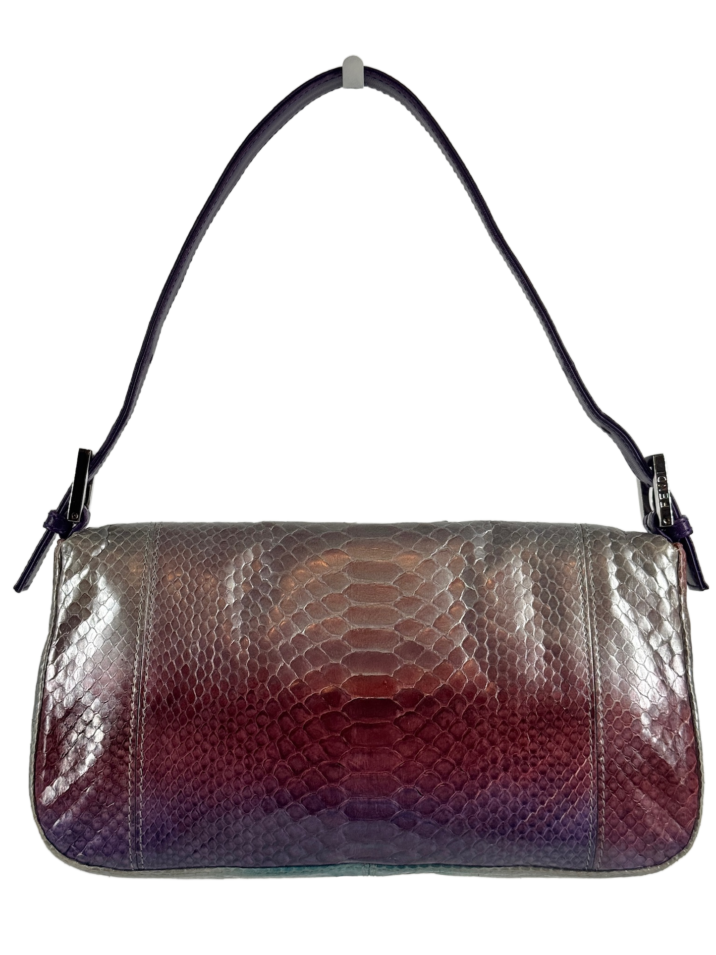 Fendi Vintage Silver Blue Purple Fuchsia Ombré Snakeskin Baguette Shoulder Bag