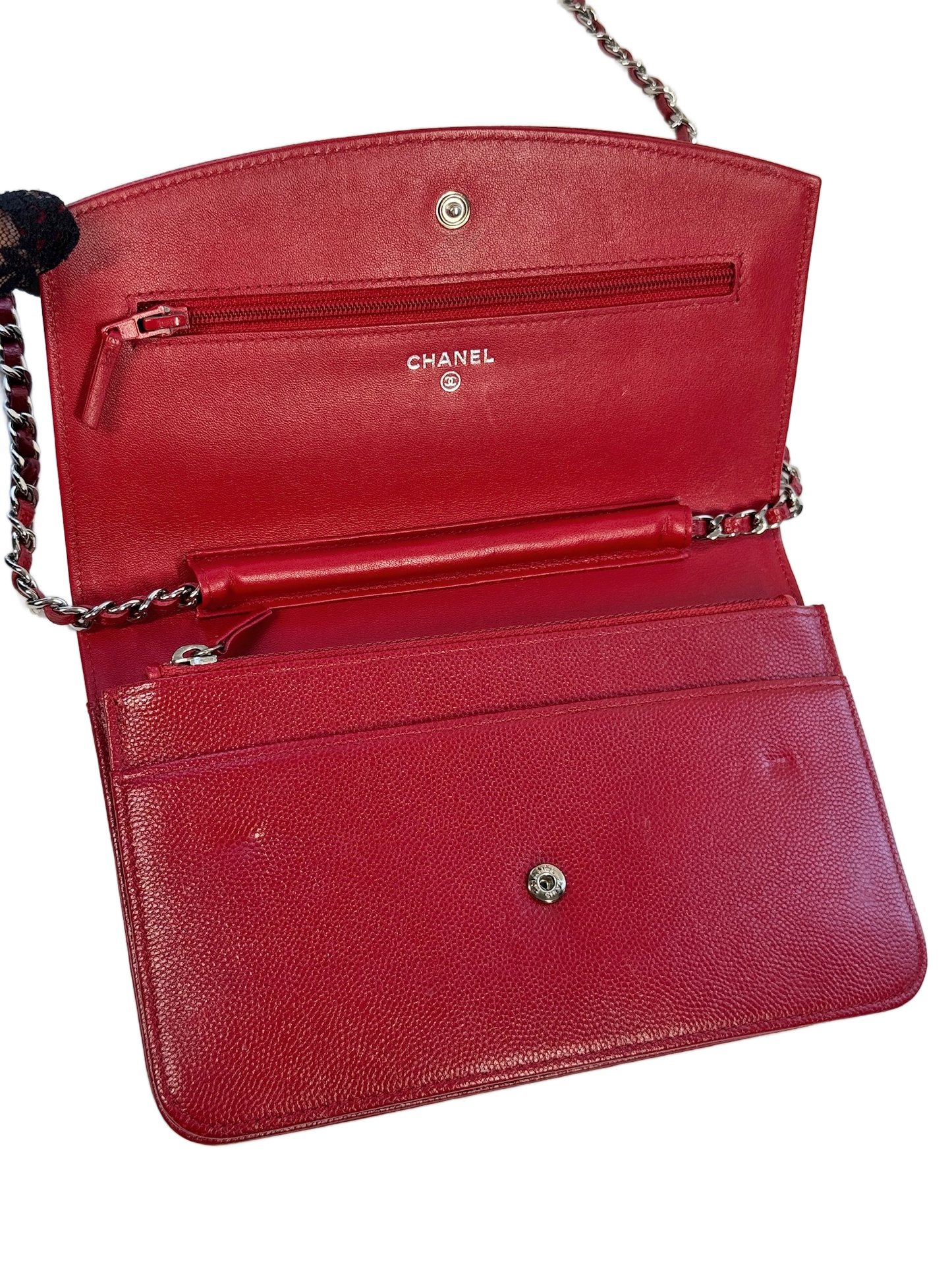 Chanel 2011 Red Caviar Leather Wallet On Chain Crossbody Bag