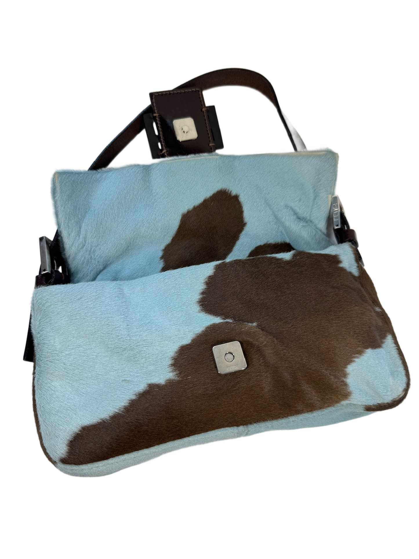 Fendi Vintage Blue & Brown Cow Animal Print Pony Hair Shoulder Baguette Bag