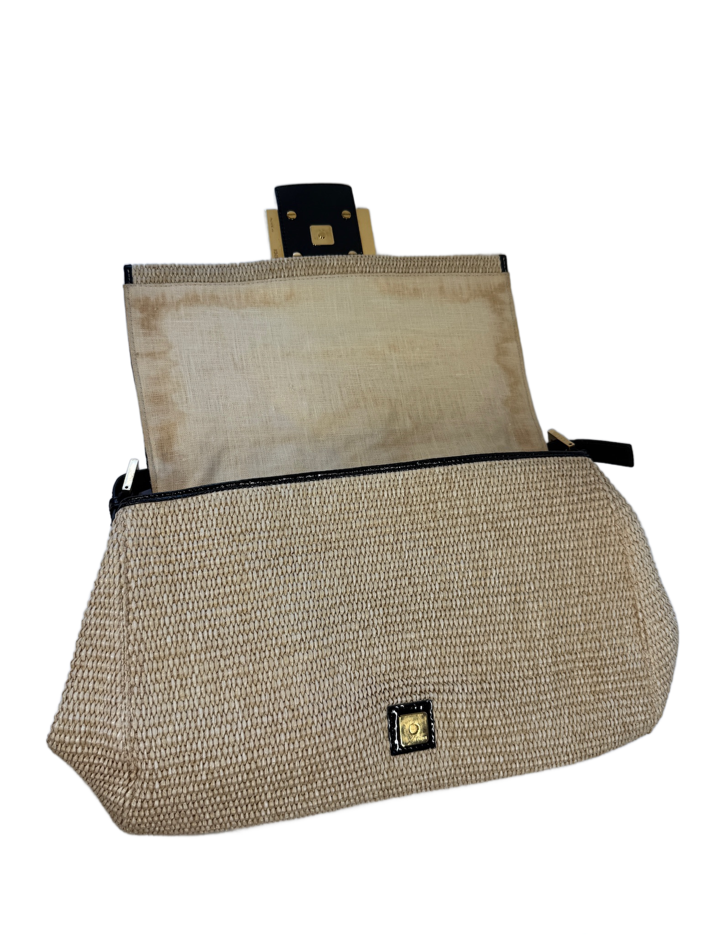 Fendi Vintage Beige Raffia Black Snakeskin Patent Leather Trim XL Mamma Baguette Shoulder Bag