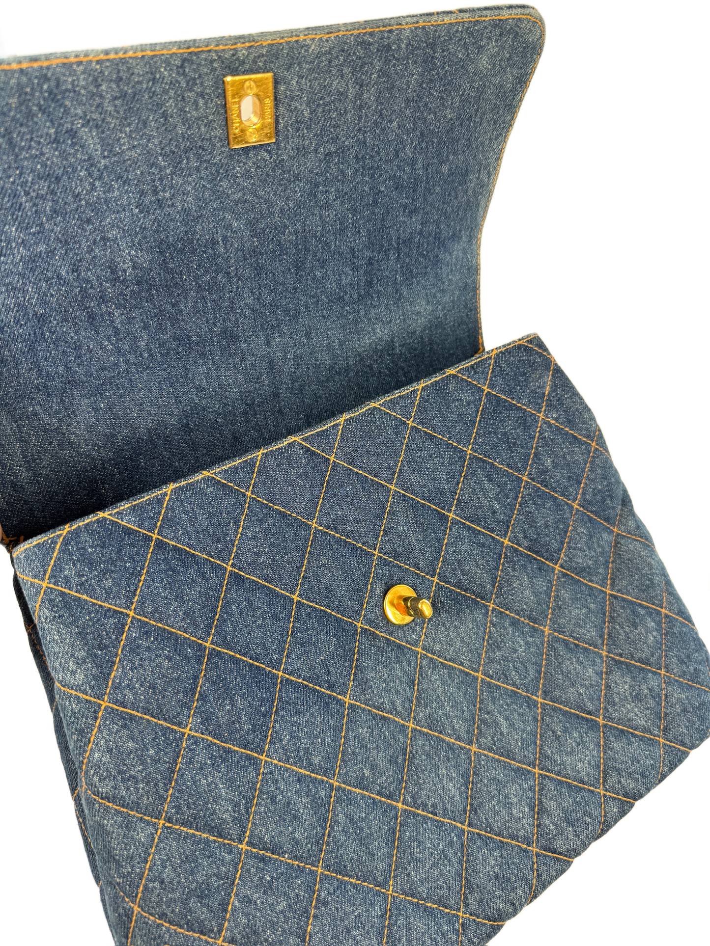 Chanel Vintage 1997 Blue Quilted Denim Medium Classic Kelly Top Handle Flap Bag w 24K Gold Plated Hardware