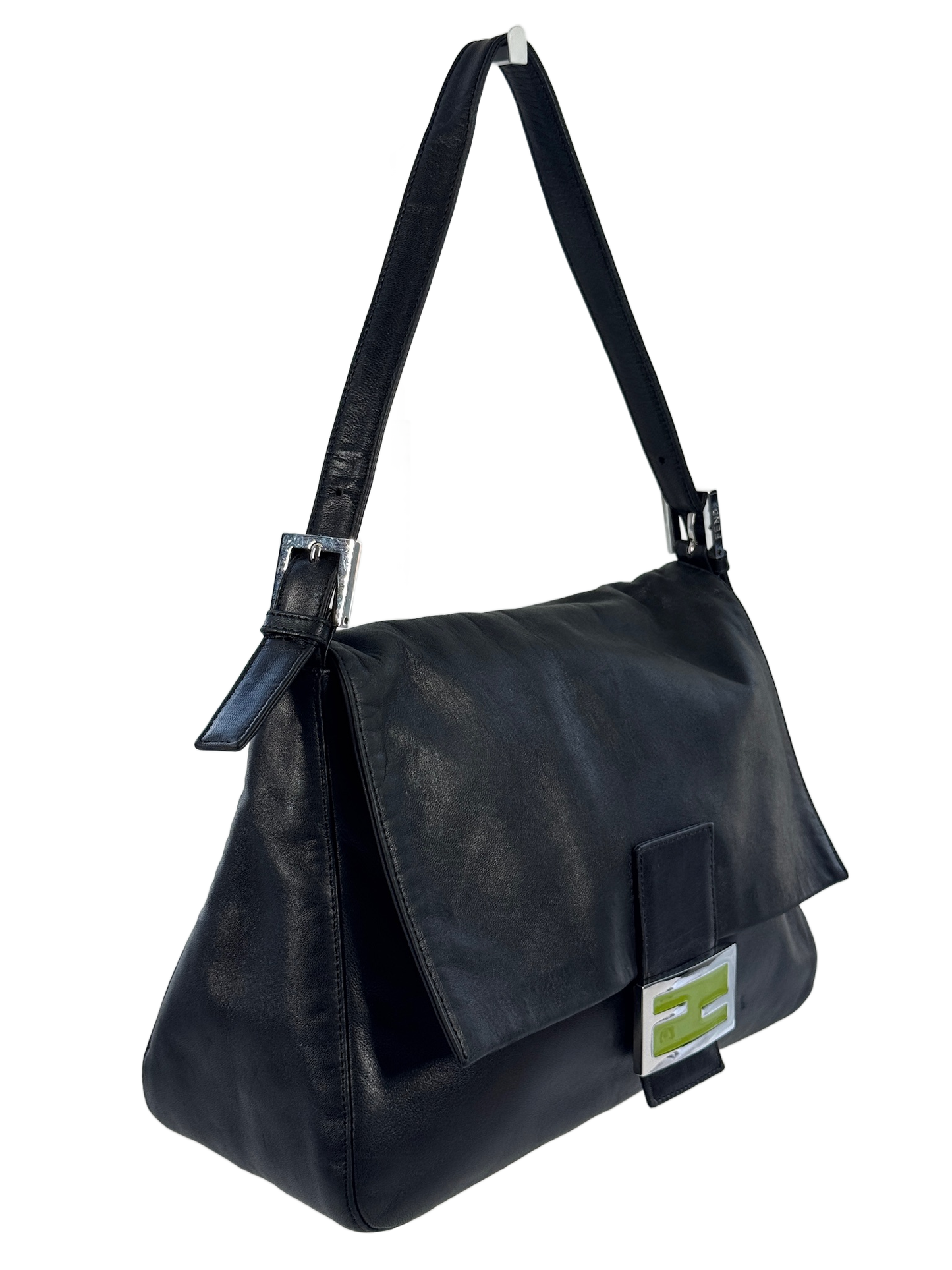 Fendi Vintage Black Leather Green Logo Mamma Shoulder Baguette Bag