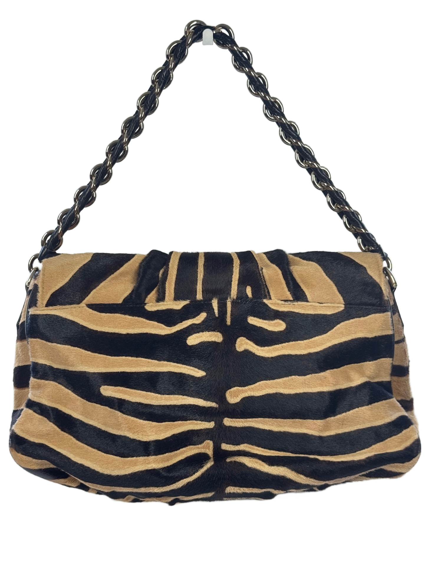 Fendi Vintage Beige & Brown Zebra Print Pony Hair Medium Chain Shoulder Bag