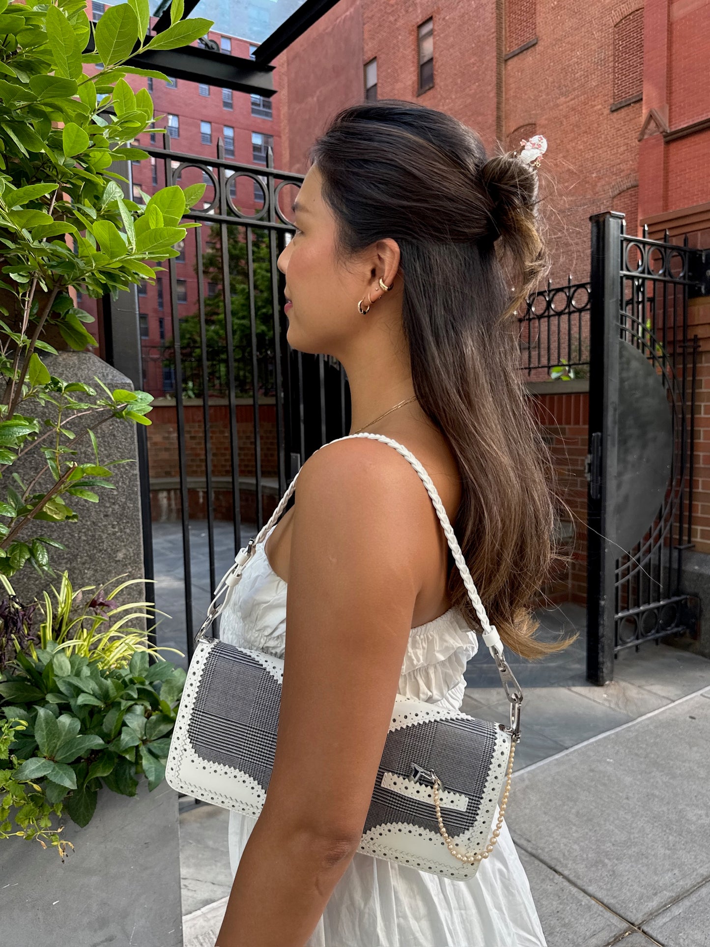 Dior Vintage 2004 Black & White Gingham Canvas & Patent Leather Pearl Trim Shoulder Pochette Bag