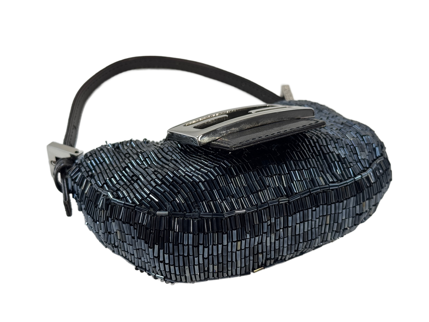 Fendi Vintage Iridescent Black Beaded Mini Croissant Baguette Bag