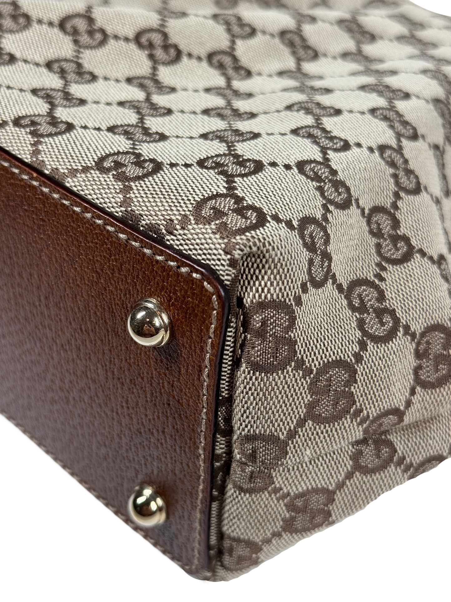 Gucci Vintage Brown GG Monogram Canvas Brown Leather Trim Bamboo Top Handle Bucket Bag