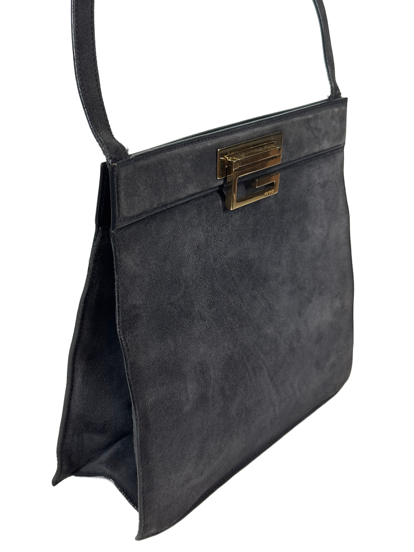 Gucci Vintage 80s Gray Suede Trapezoid G Top Handle Shoulder Bag