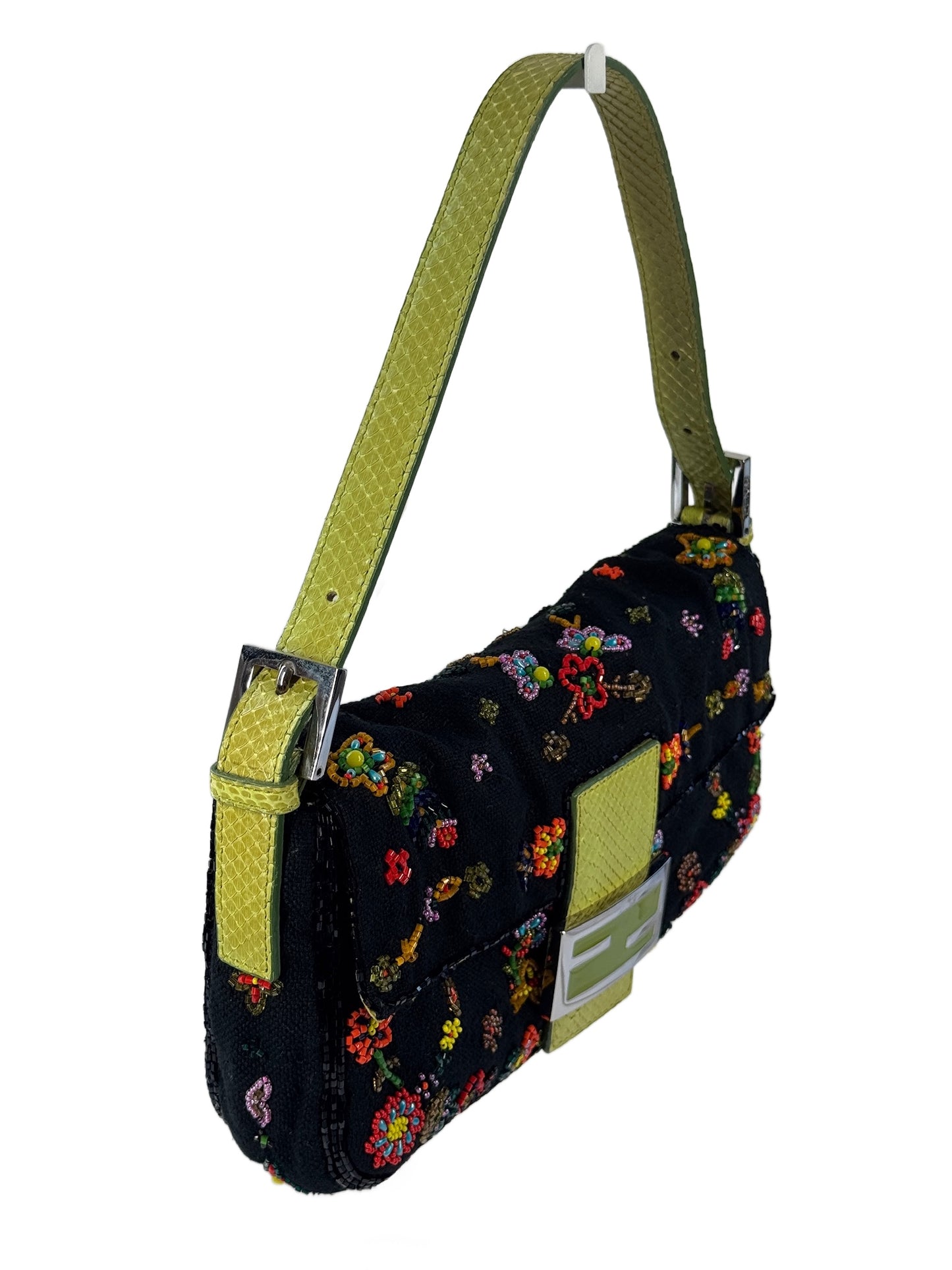 Fendi Vintage Black Knit Floral Beaded Embroidered Baguette Shoulder Bag w Green Lizard Trim