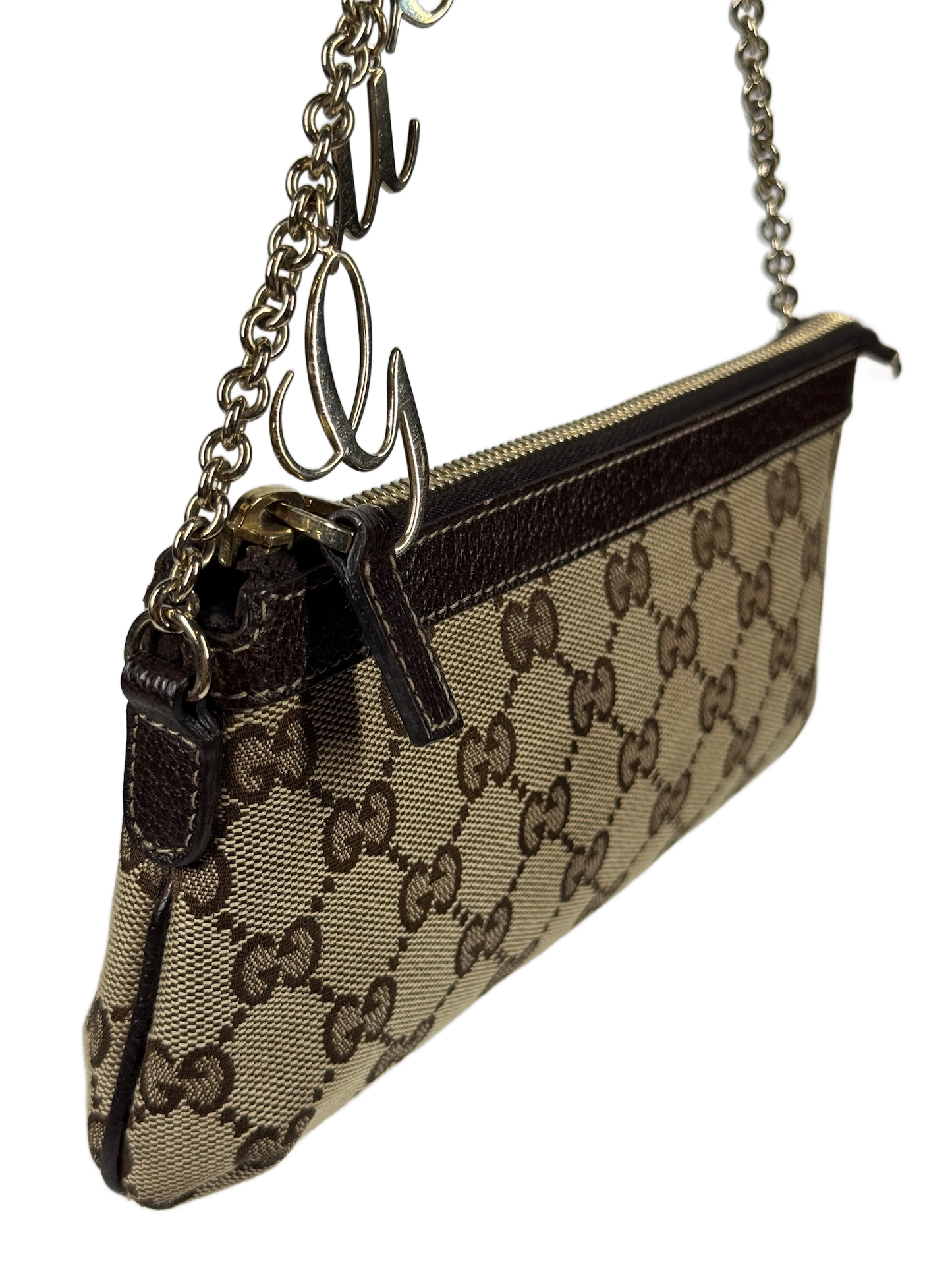 Gucci Vintage Brown Monogram Canvas Logo Chain Strap Evening Pochette Bag