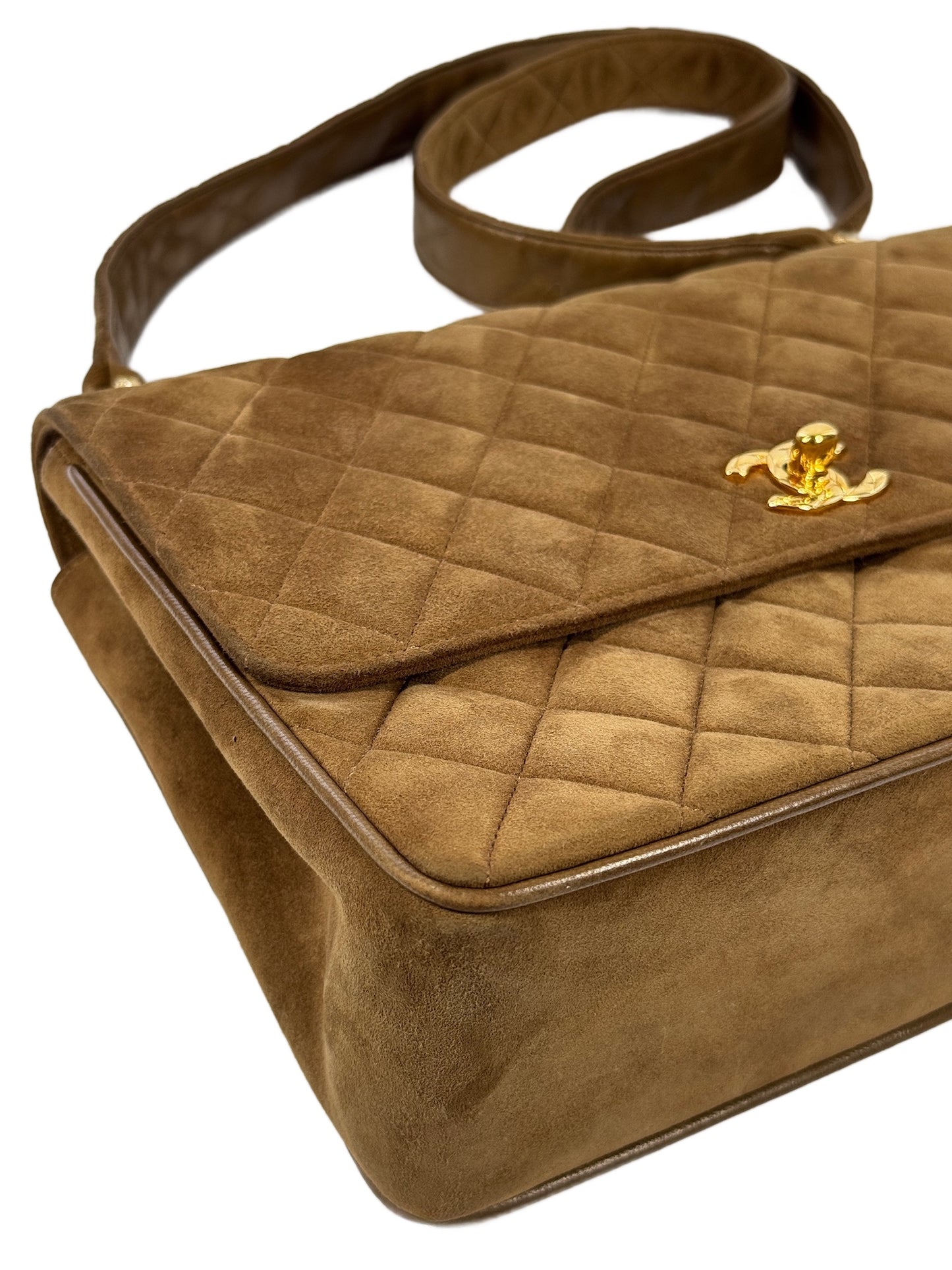 Chanel Vintage 90s Light Brown Quilted Suede Quilted Medium Classic Flap Shoulder Crossbody Bag w 24K Gold Plated Hardware