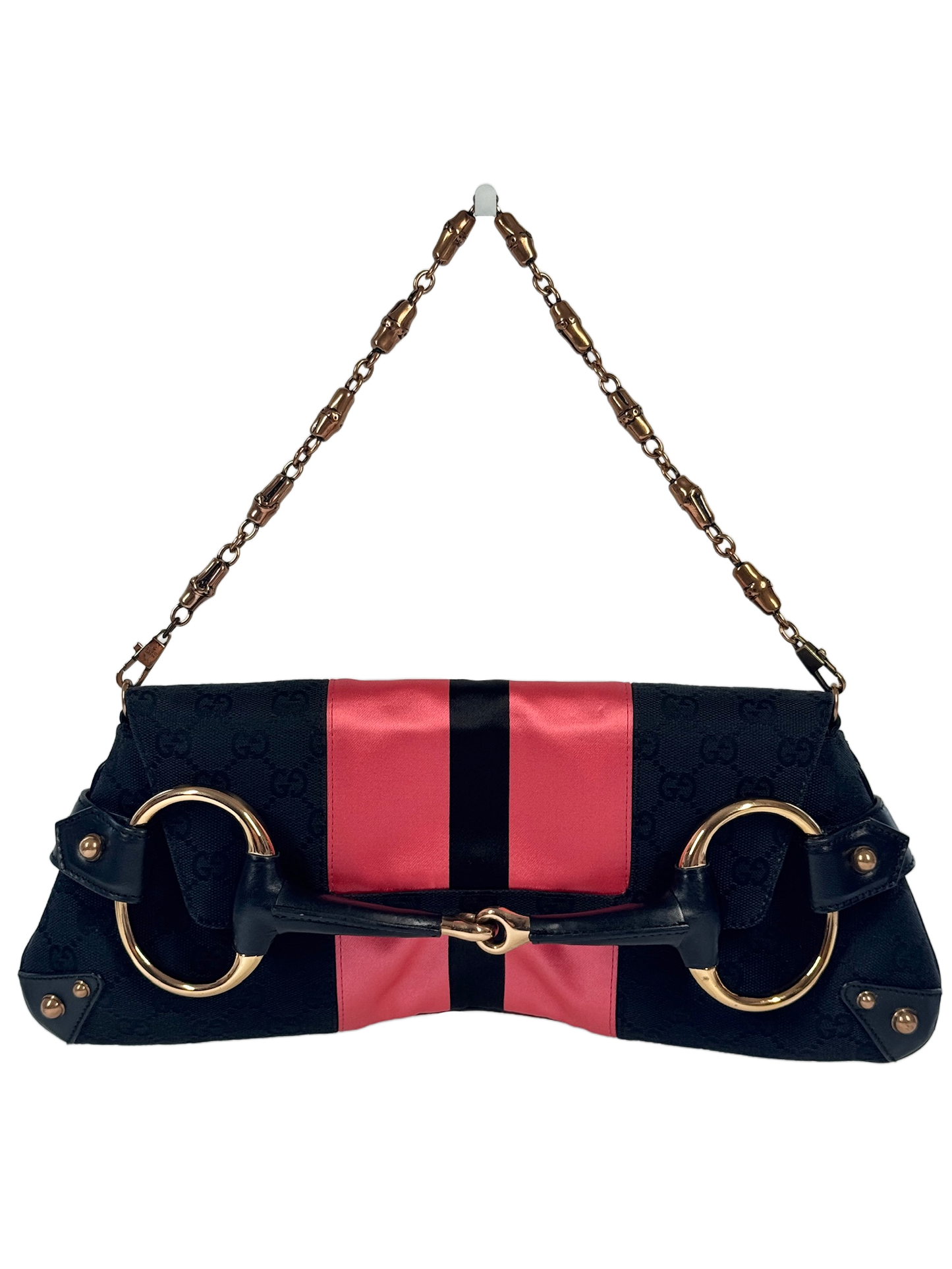 Gucci Vintage Black GG Monogram Gold Horsebit Pink Satin Striped Bamboo Chain Large Shoulder Clutch Bag