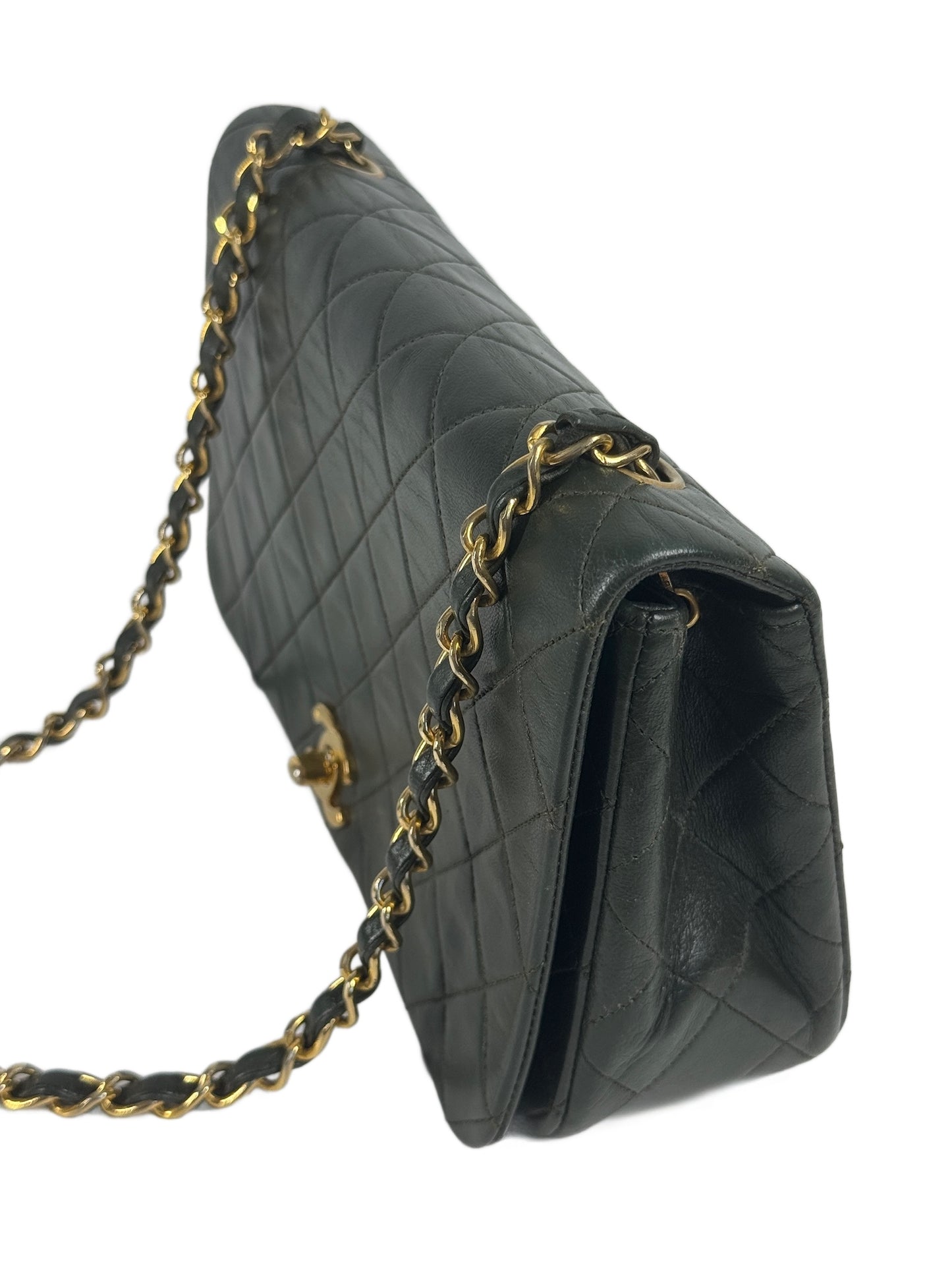 Chanel Vintage 00s Khaki Green Quilted Lambskin Small Classic Single Flap Turn Lock Shoulder Bag