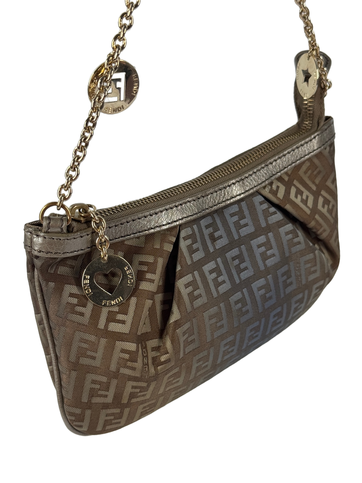 Fendi Vintage Brown Blue Metallic Ombré Zucca Zucchino Monogram Charm Pochette Chain Bag