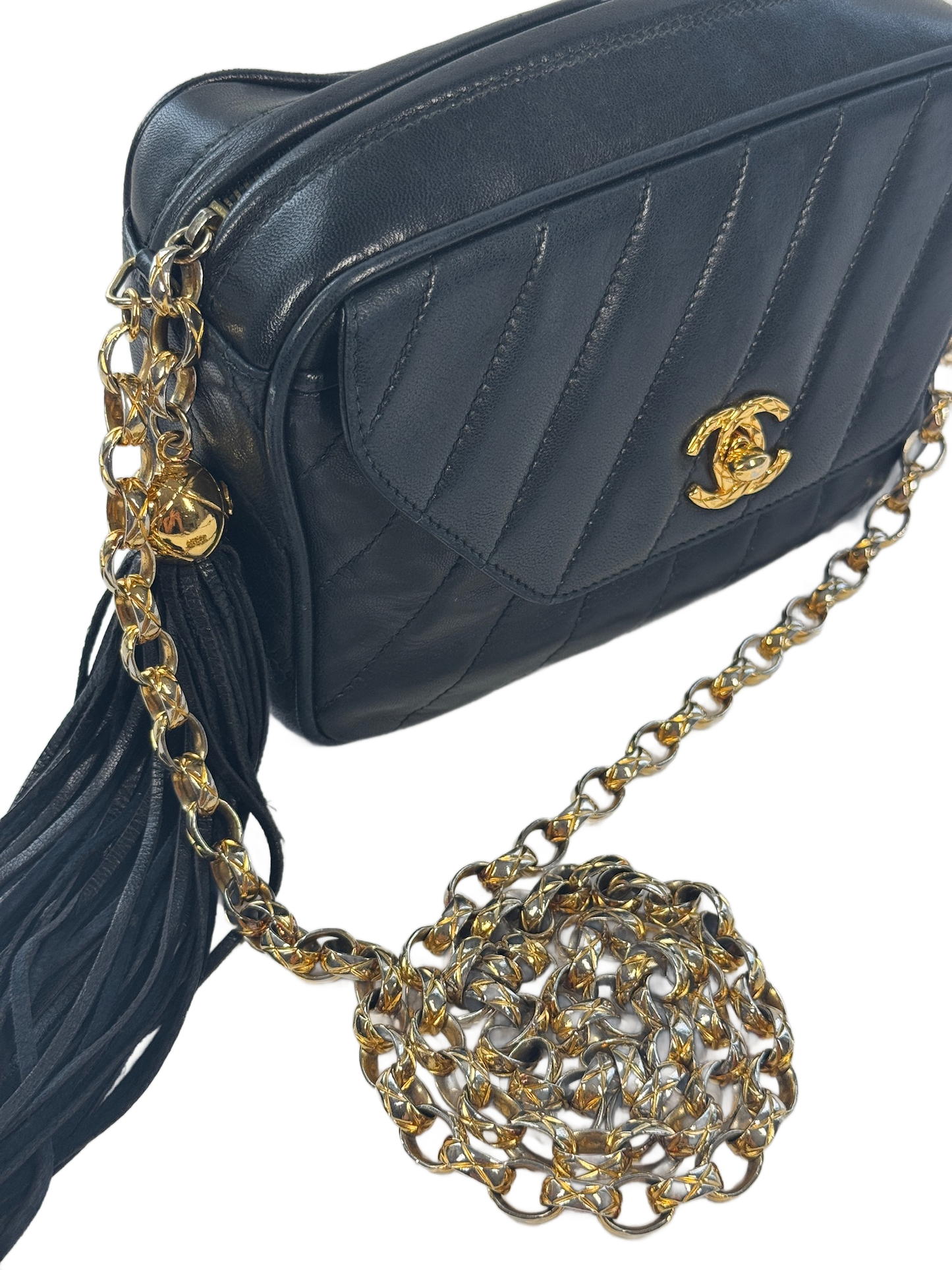 Chanel Vintage 90s Navy Blue Diagonal Quilted Lambskin Leather Tassel Camera Bag w 24K Gold Plated Hardware