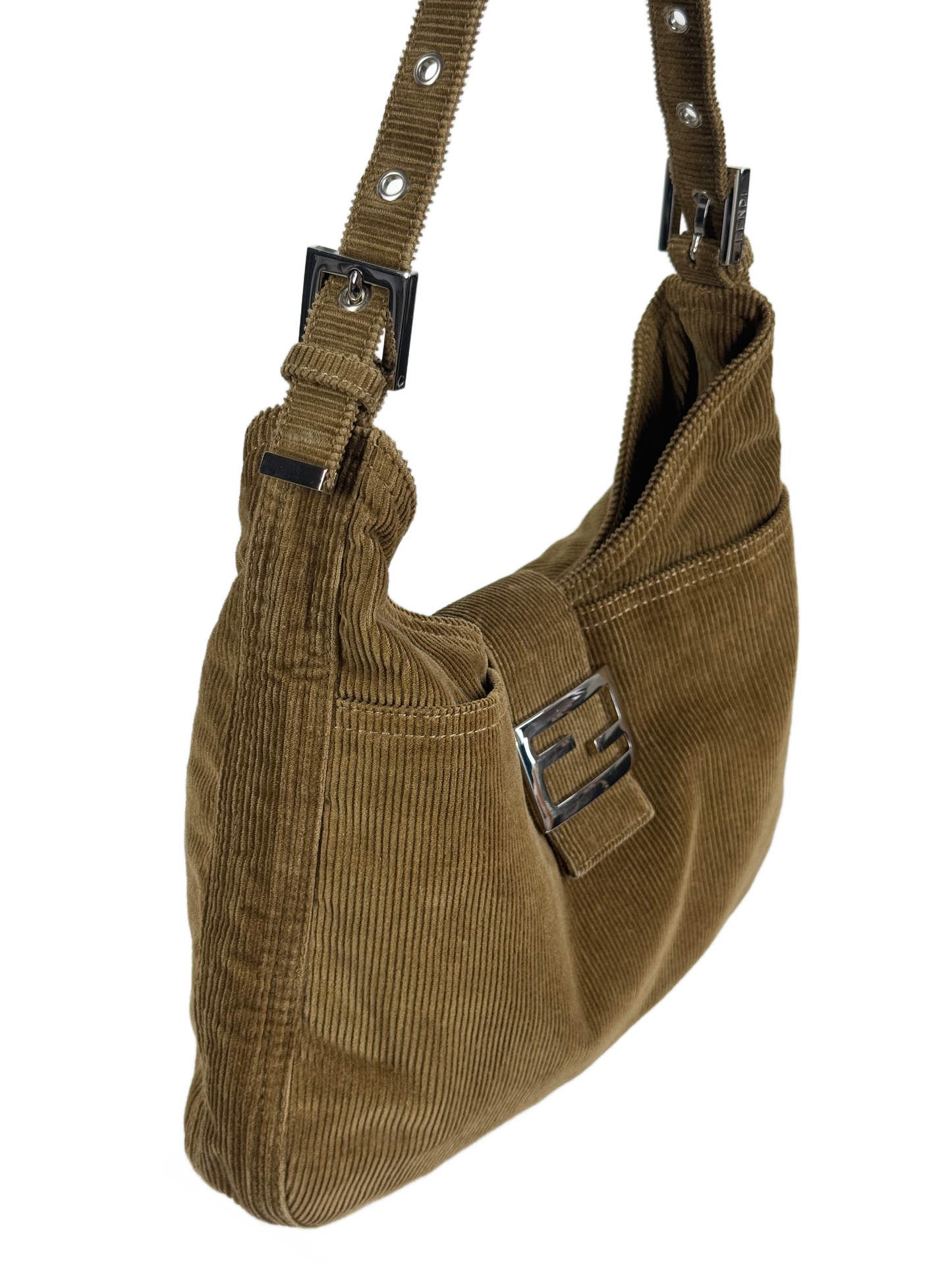 Fendi Vintage Beige Brown Corduroy Shoulder Hobo Baguette Bag