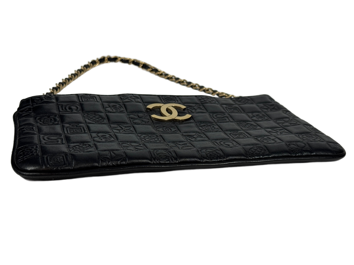 Chanel Vintage 00s Black Lambskin Leather Chocolate Bar Embossed Pochette Shoulder Bag