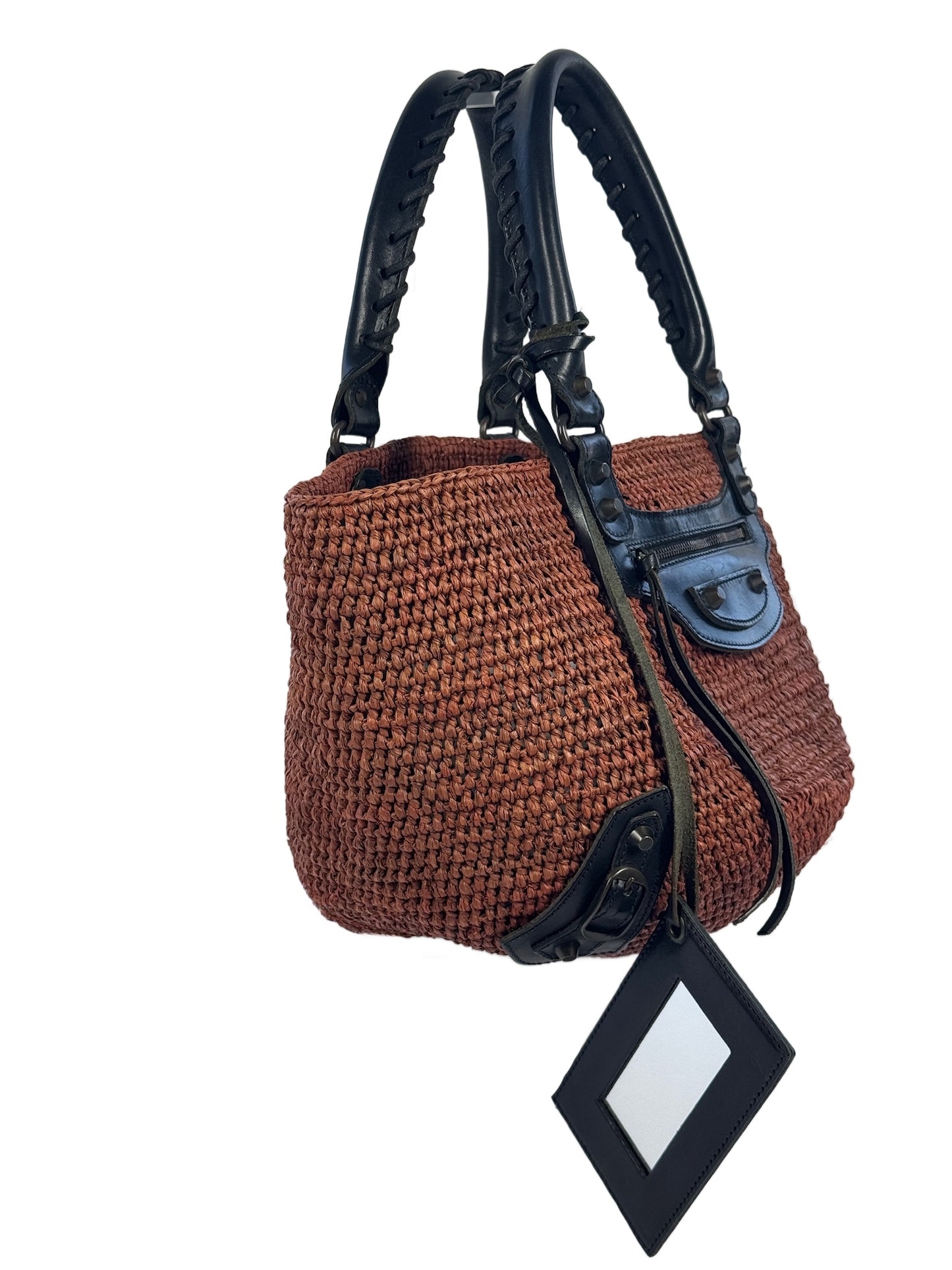 Balenciaga Vintage Borsa Panier Classic Raffia Motocross City Bag in Marrone & Black