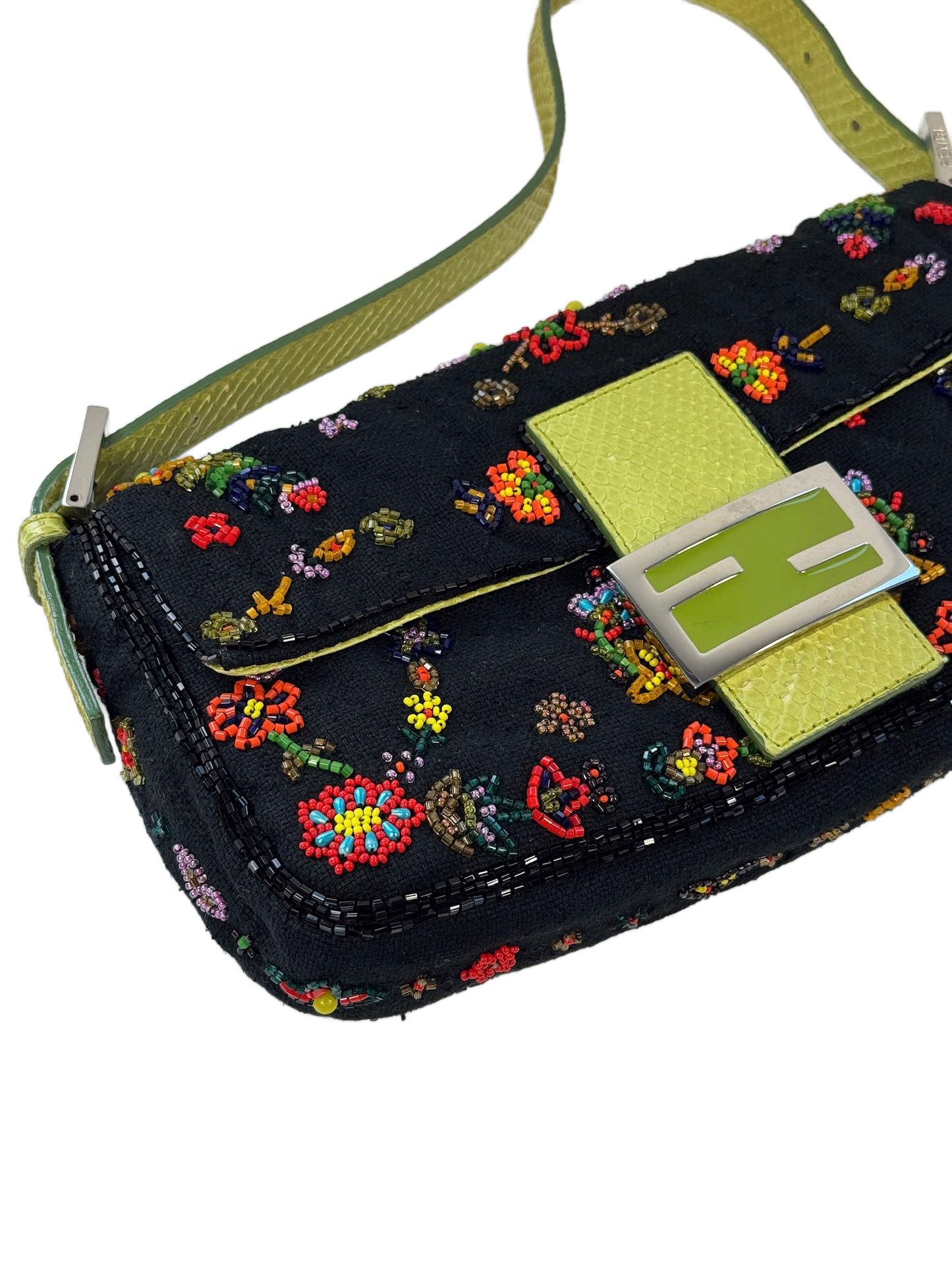 Fendi Vintage Black Knit Floral Beaded Embroidered Baguette Shoulder Bag w Green Lizard Trim