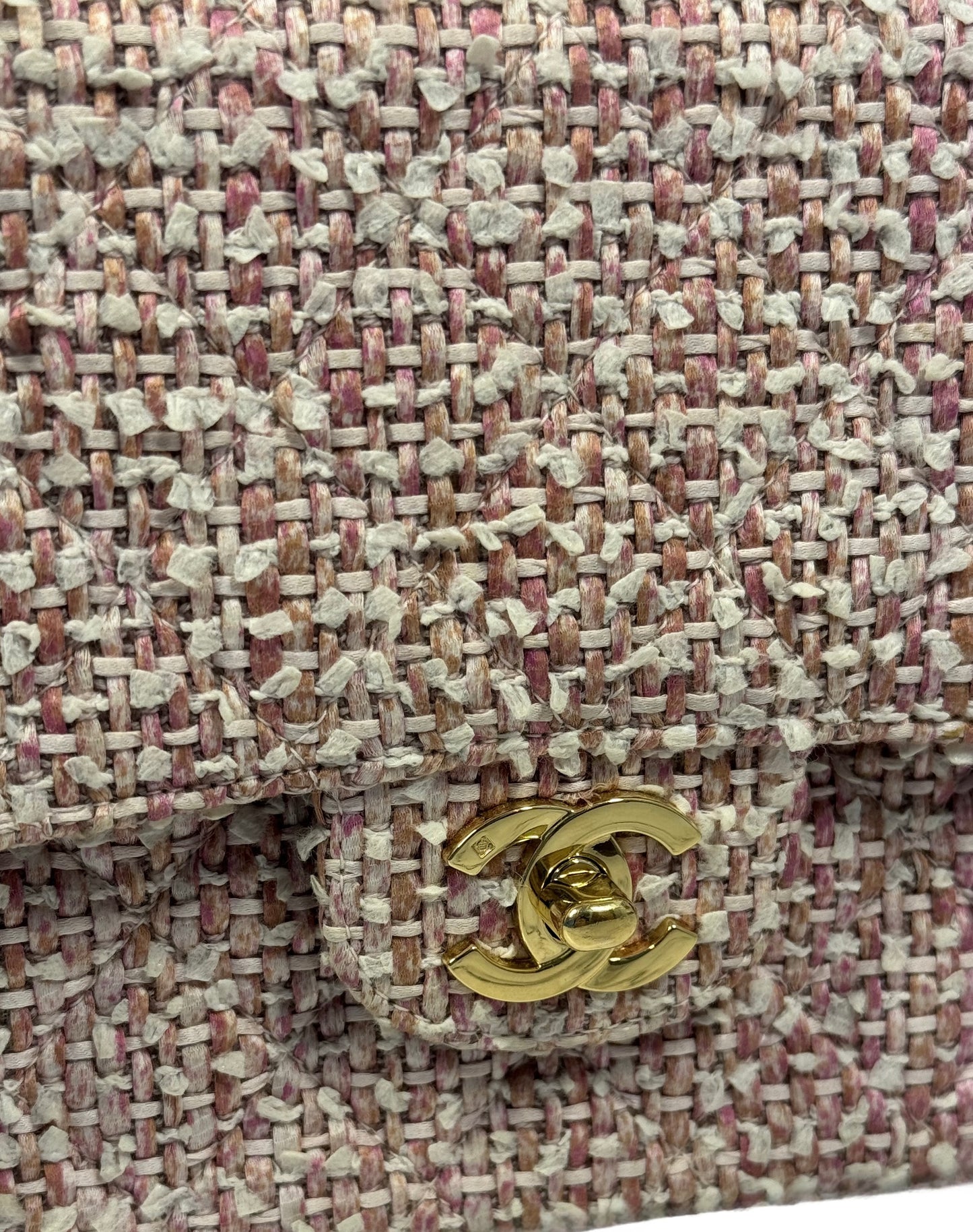 Chanel Vintage 2003 Baby Pink Tweed Medium Classic Double Flap Bag w 24K Gold Plated Hardware