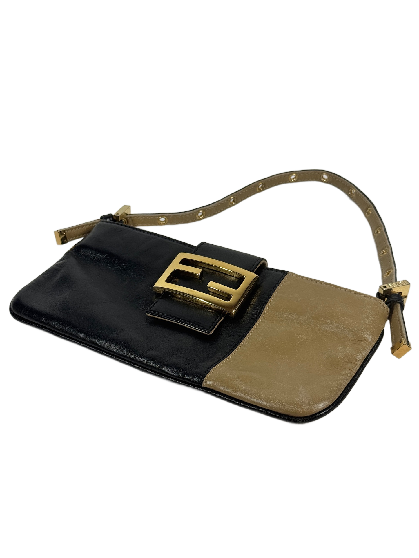 Fendi Vintage Black & Beige Lambskin Leather Flap Pochette Baguette Bag