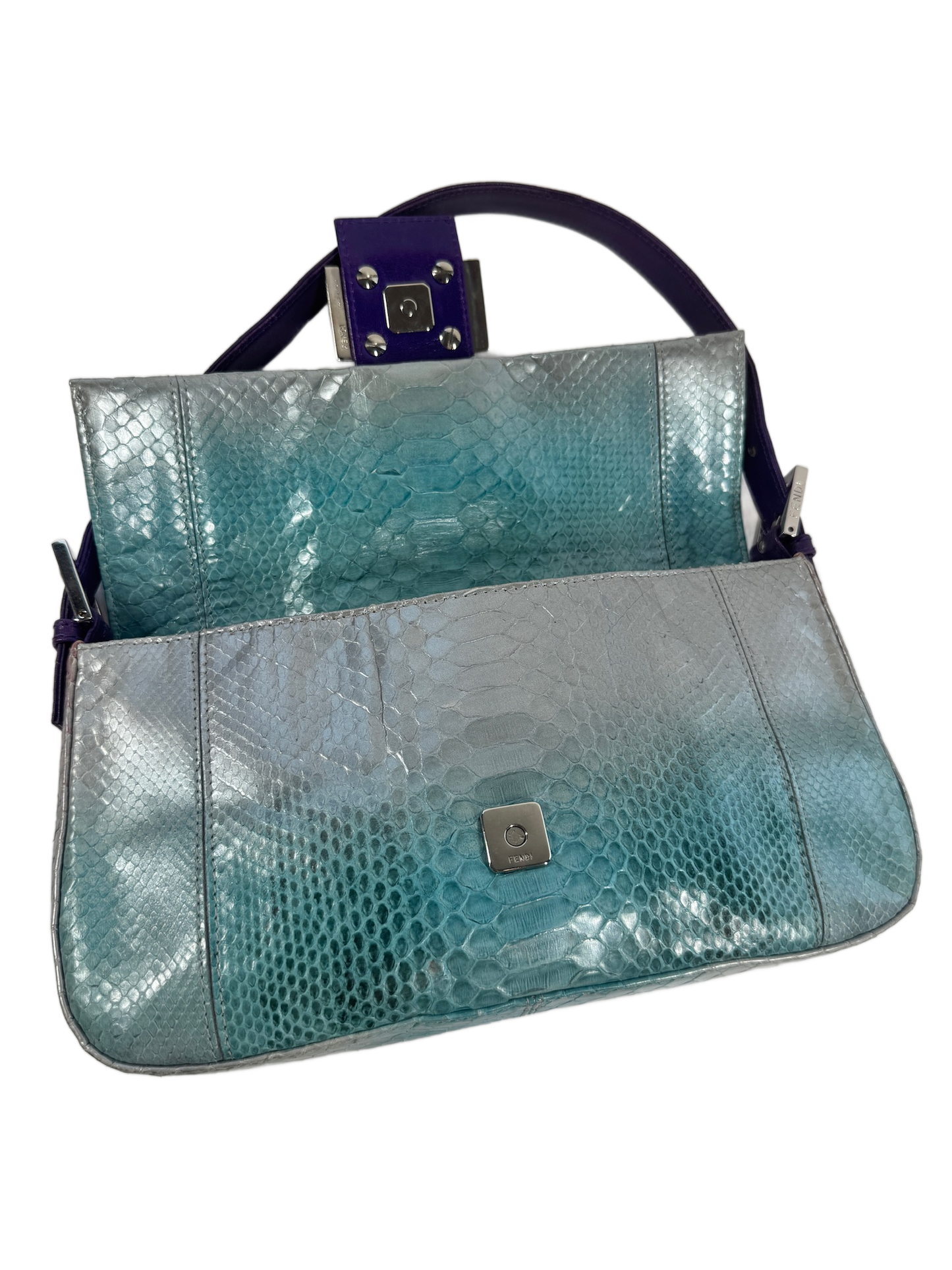 Fendi Vintage Silver Blue Purple Fuchsia Ombré Snakeskin Baguette Shoulder Bag