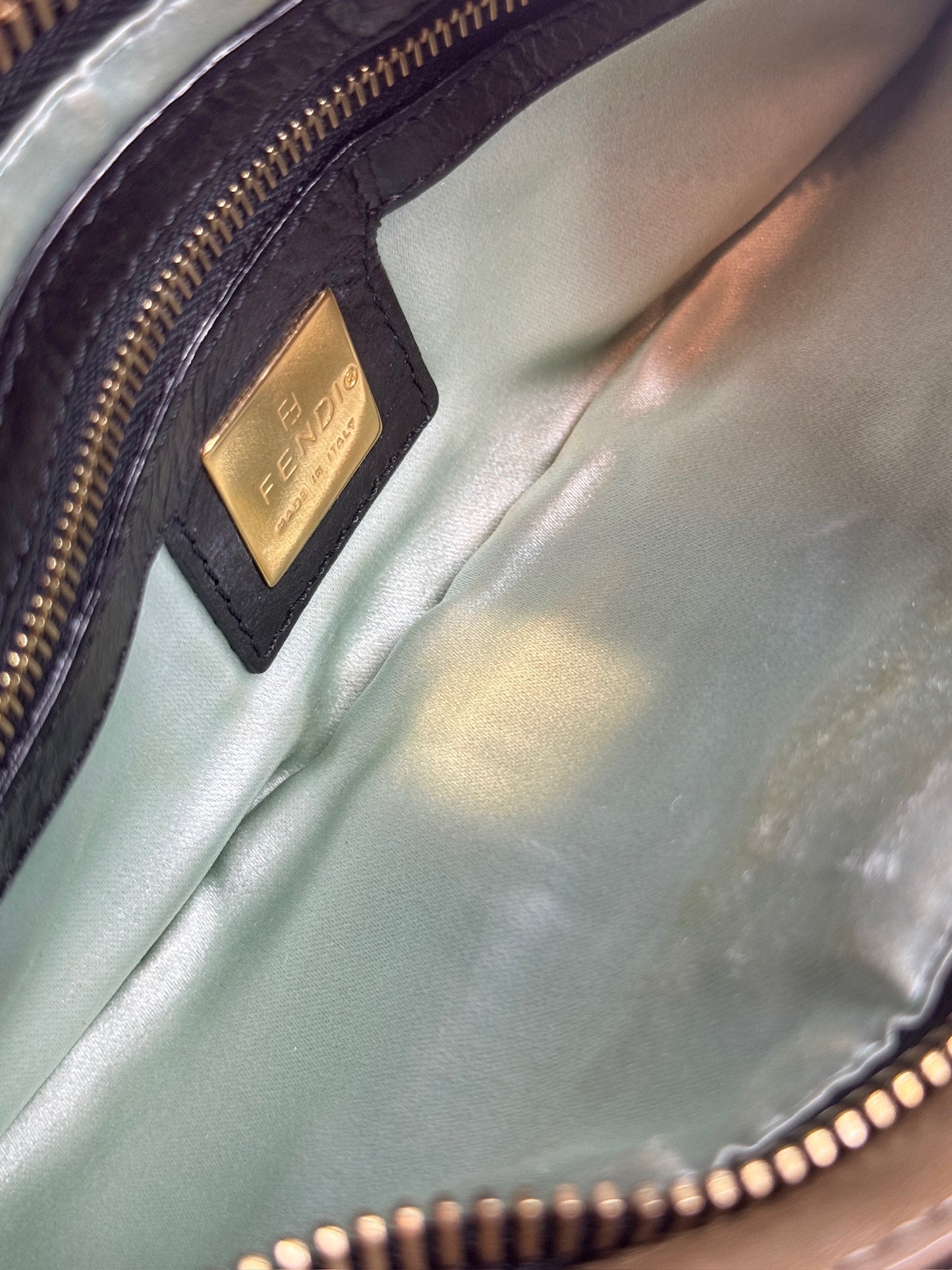 Fendi Vintage Black & Beige Lambskin Leather Flap Pochette Baguette Bag