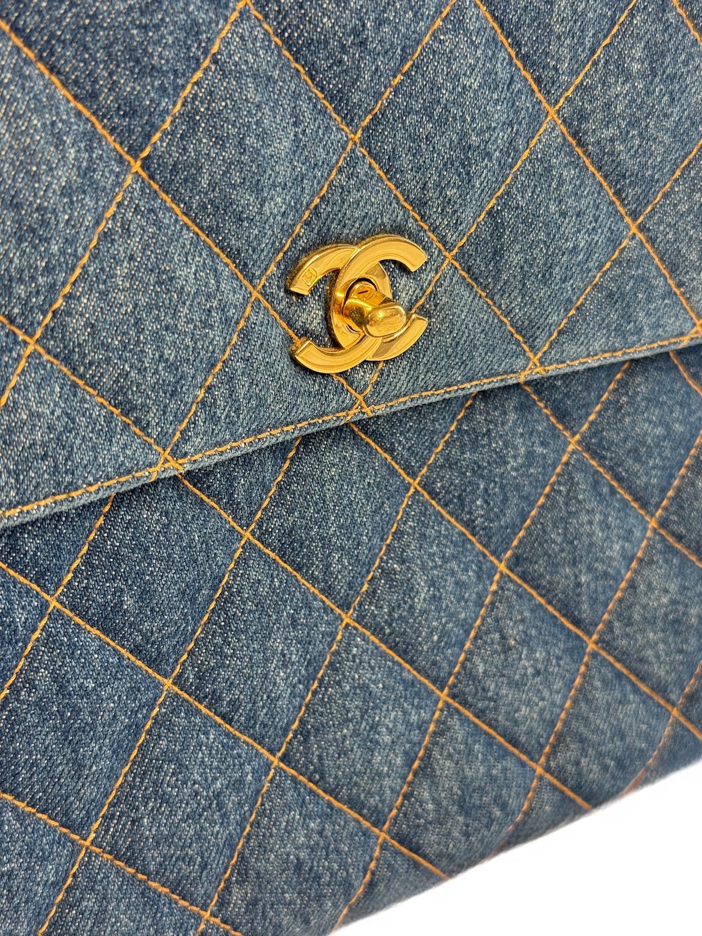Chanel Vintage 1997 Blue Quilted Denim Medium Classic Kelly Top Handle Flap Bag w 24K Gold Plated Hardware